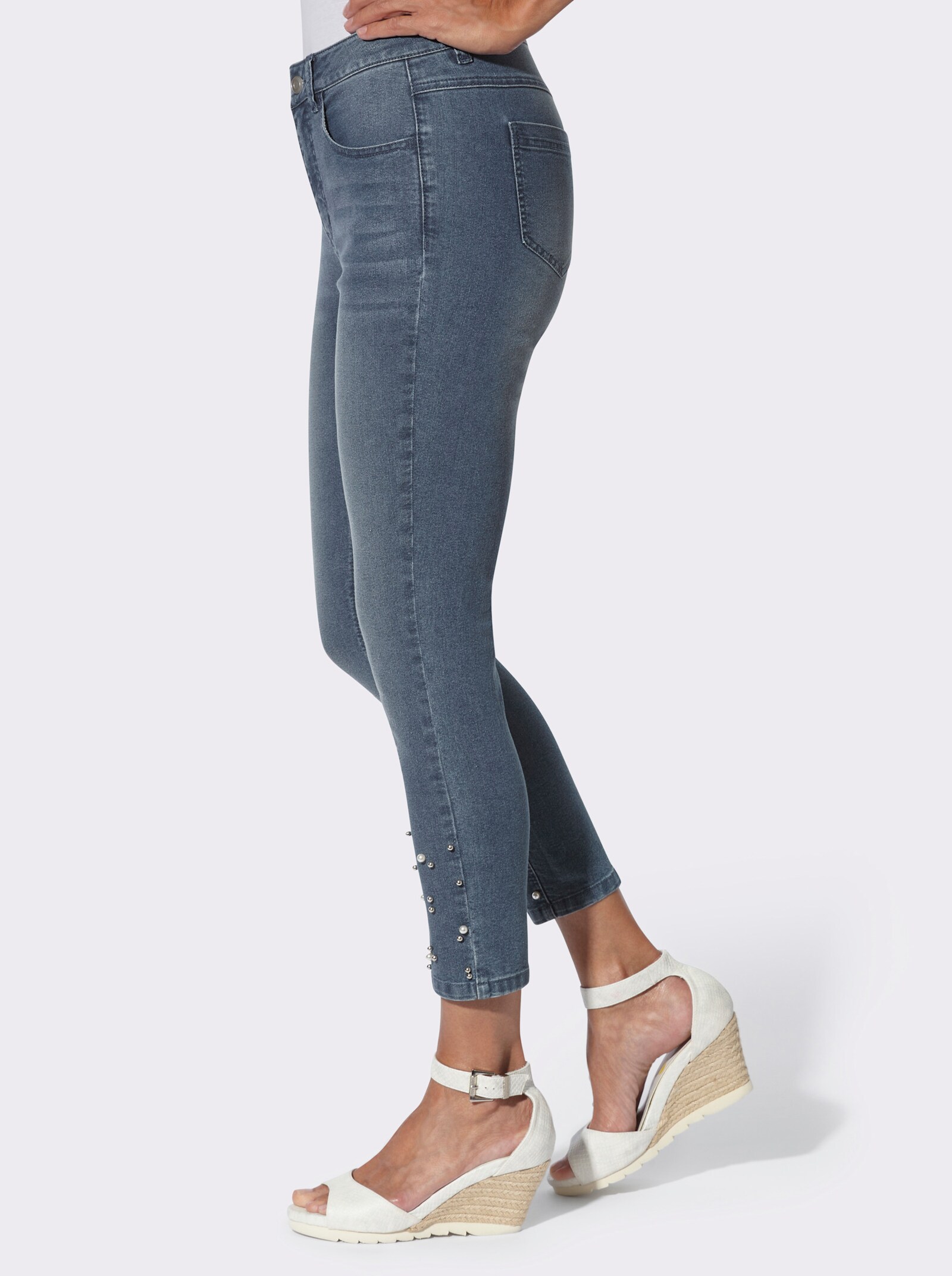 7/8-Jeans mit Perlen und Glitzersteinen - blue-stone-washed