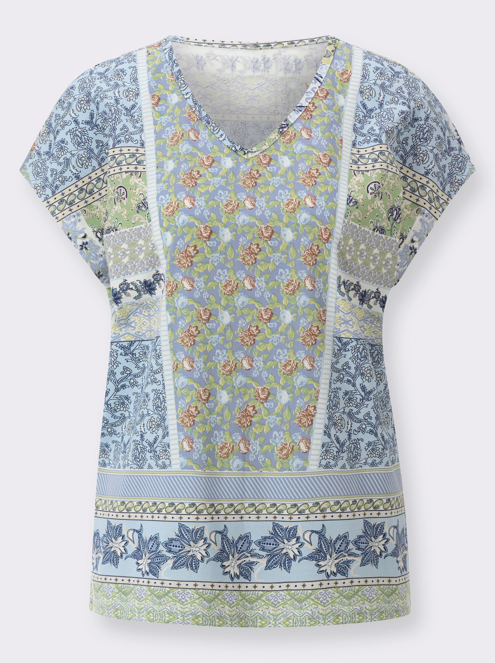 V-Shirt in Patch-Optik - taubenblau-hellblau-bedruckt