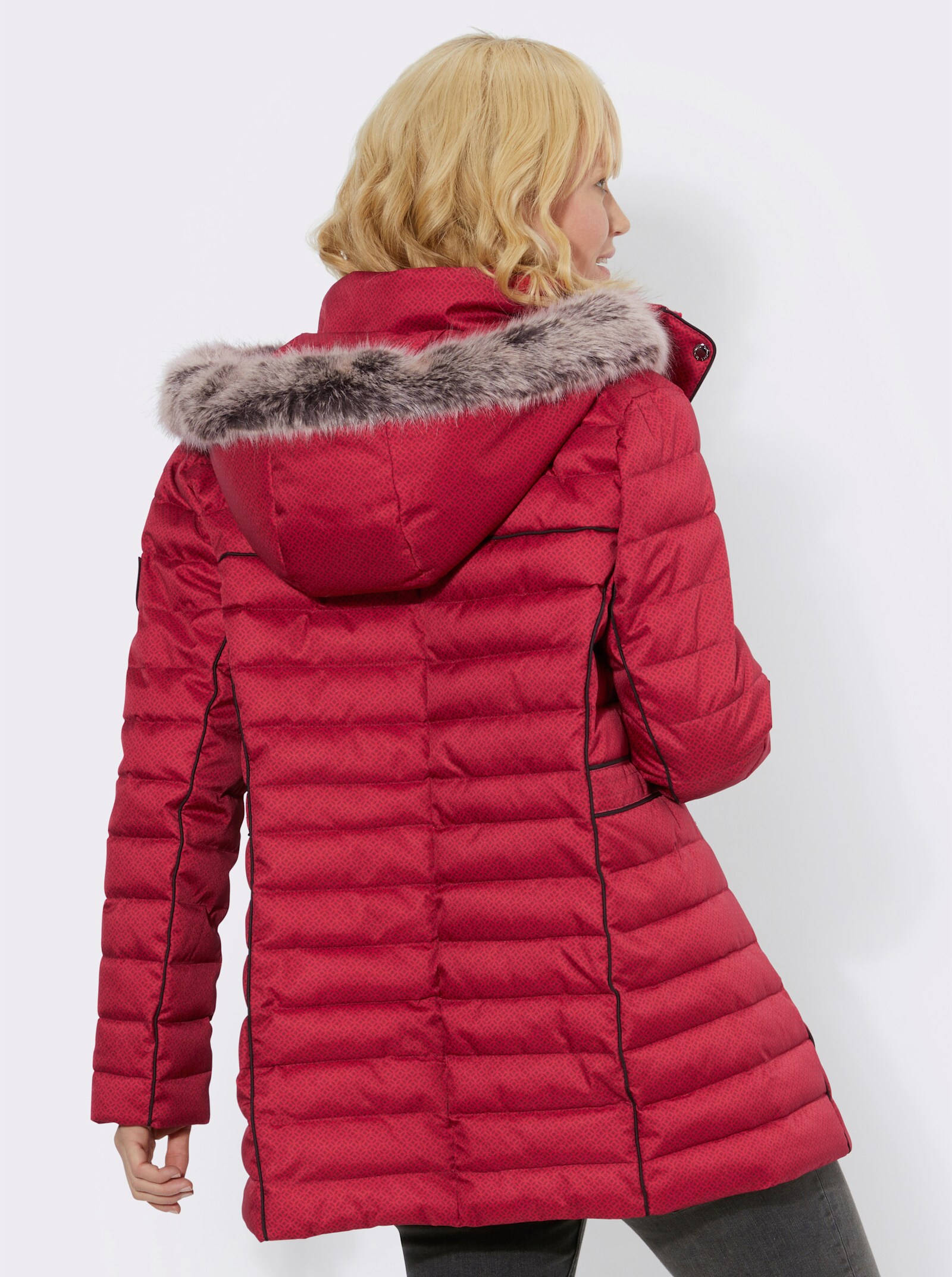 Gewatteerde jas met afneembaar imitatiebont - rood/kers gedessineerd