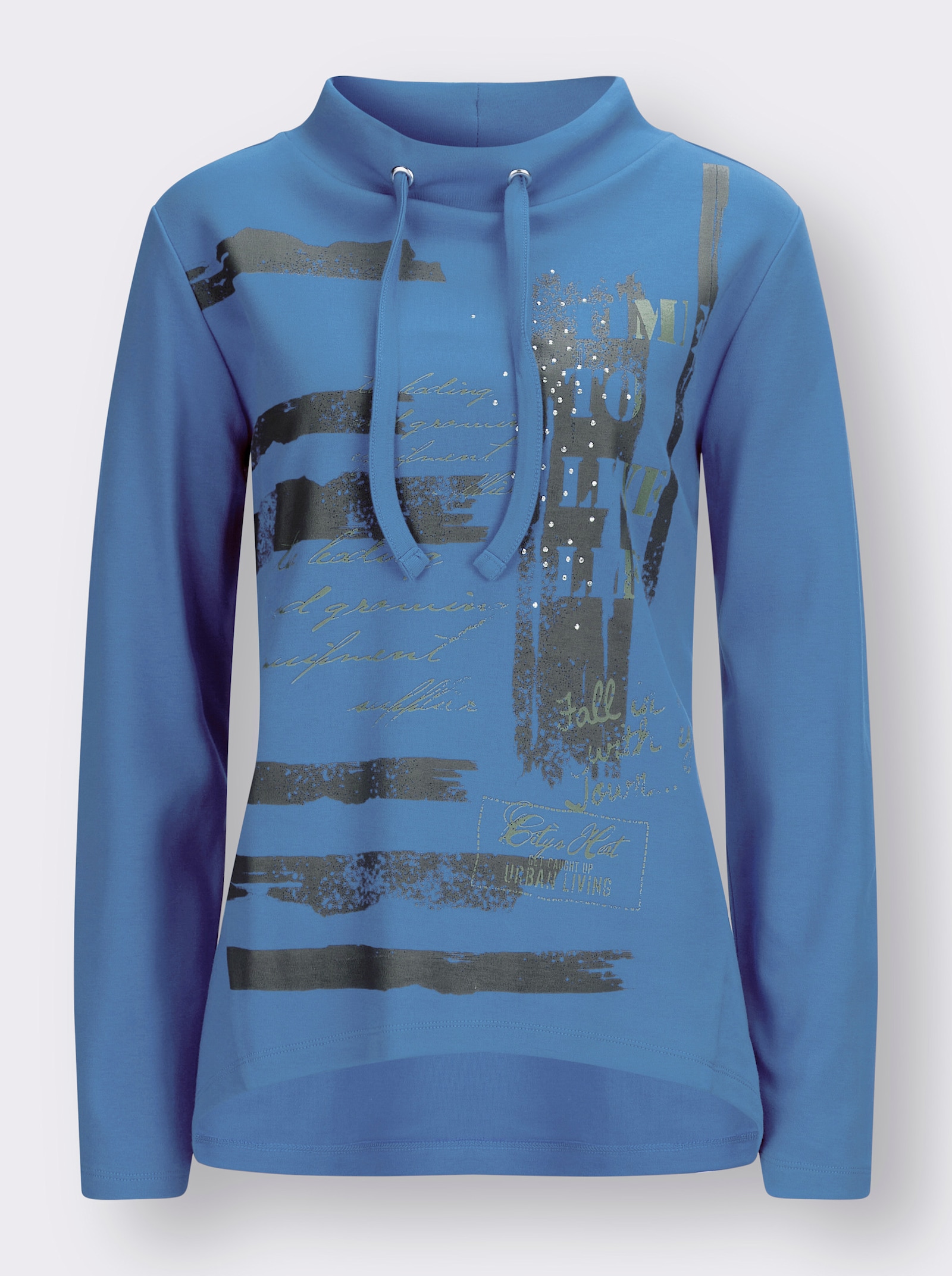 Sweatshirt mit Glitzersteinchen im Vorderteil - mittelblau