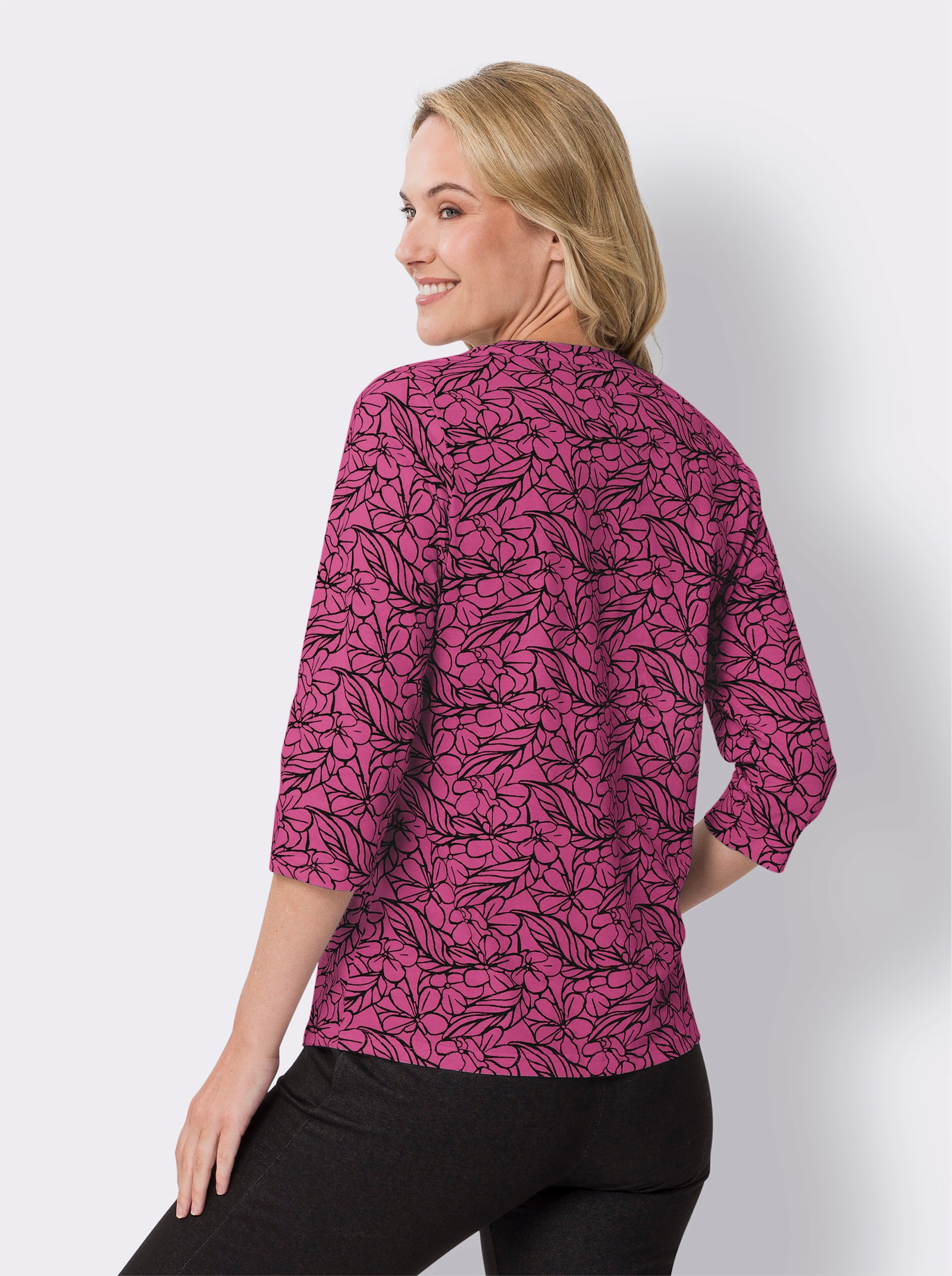 Blommönstrad topp, trekvartsärm - magenta-svart, med tryck