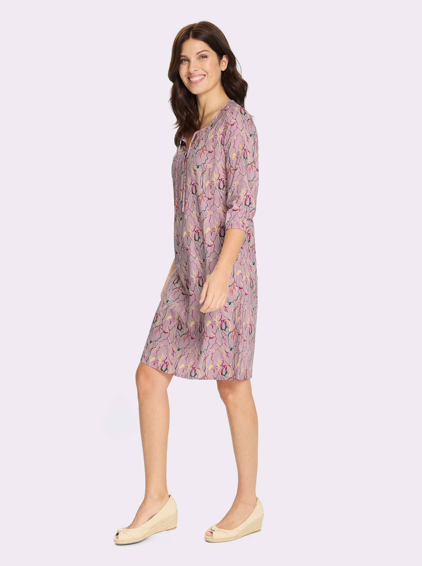 A-Linien-Kleid mit Bindeband am Ausschnitt - rosé-pink-bedruckt