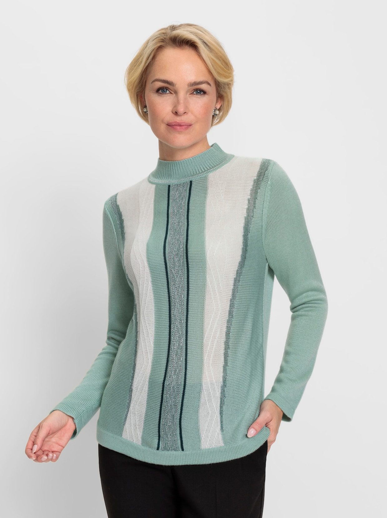 Stehkragenpullover - kalkmint-ecru-gemustert