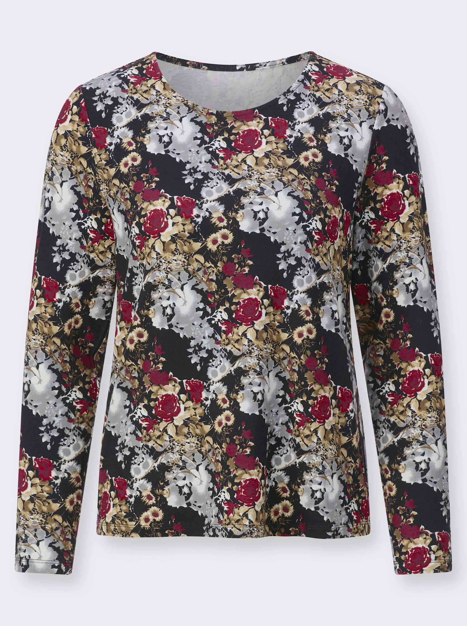 Rundhalsshirt mit 95% Viskose (ECOVERO) - dunkelrot-camel-bedruckt