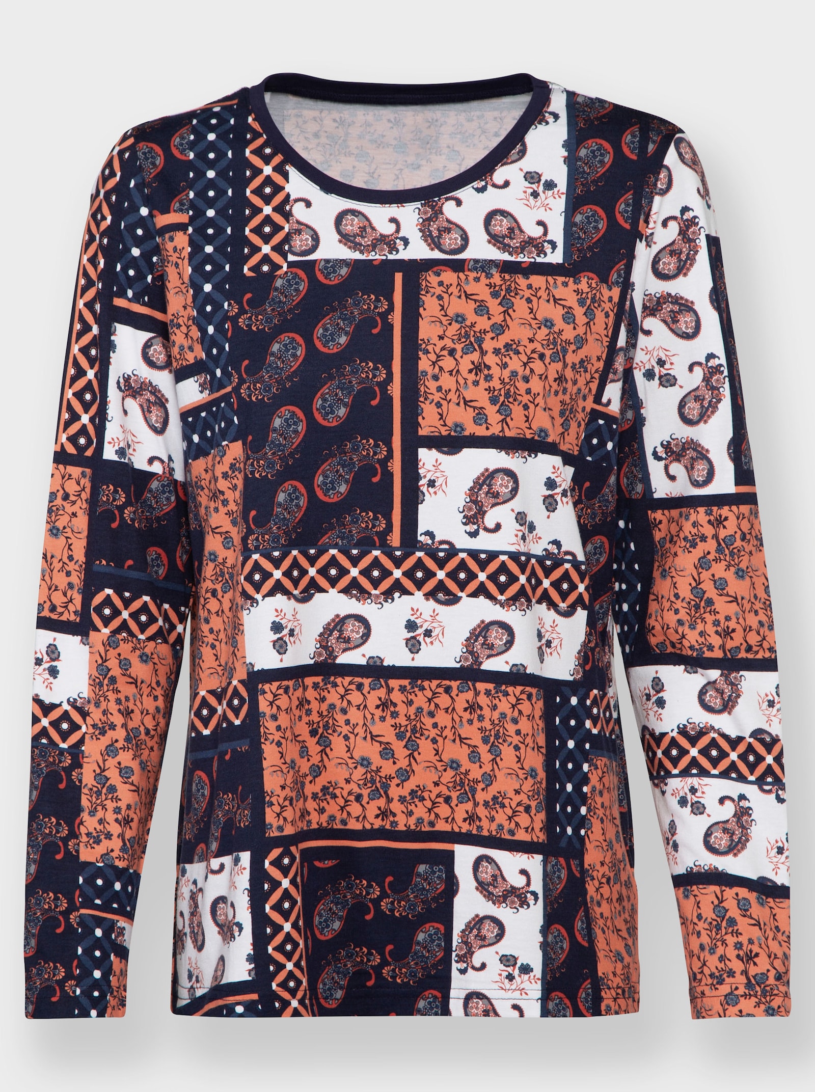 Langarmshirt im Patchwork-Dessin - rostrot-bedruckt