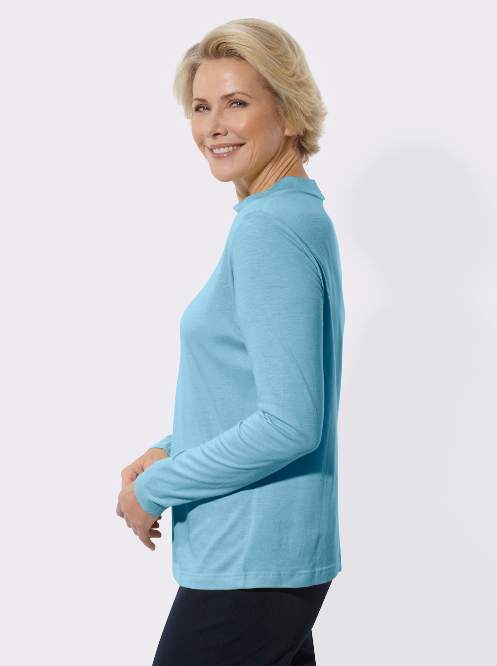 Stehkragenshirt mit Glitzersteinchen - aqua