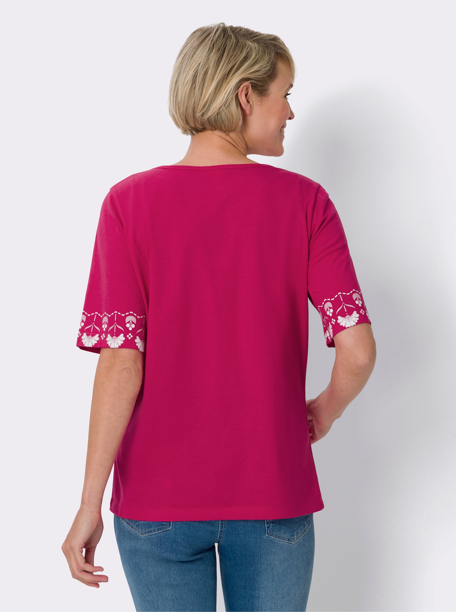 Kurzarmshirt mit Bordüren-Druck - pink-weiß