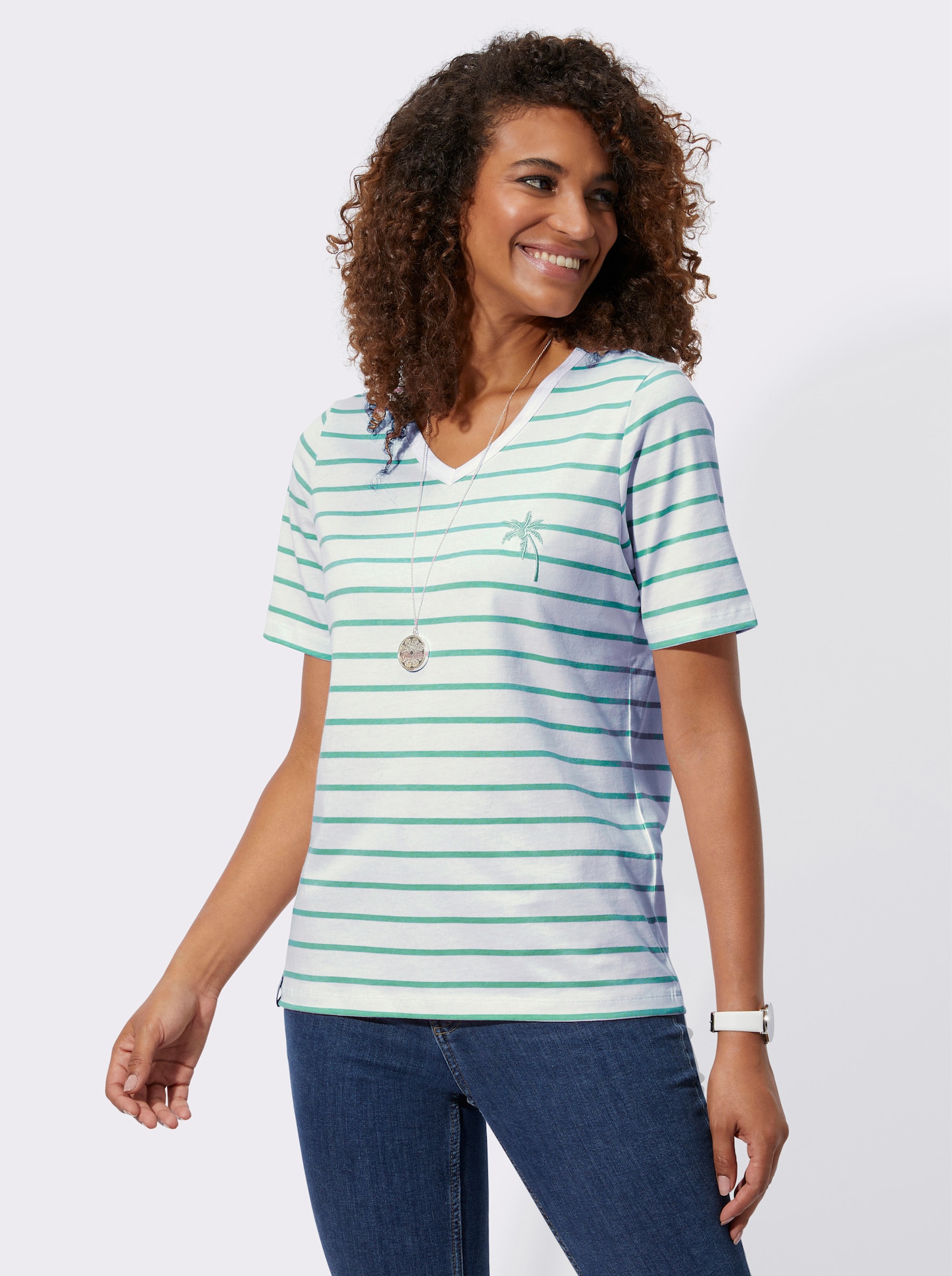 Shirt mit Stickerei, geringelt - salbei-ecru-geringelt