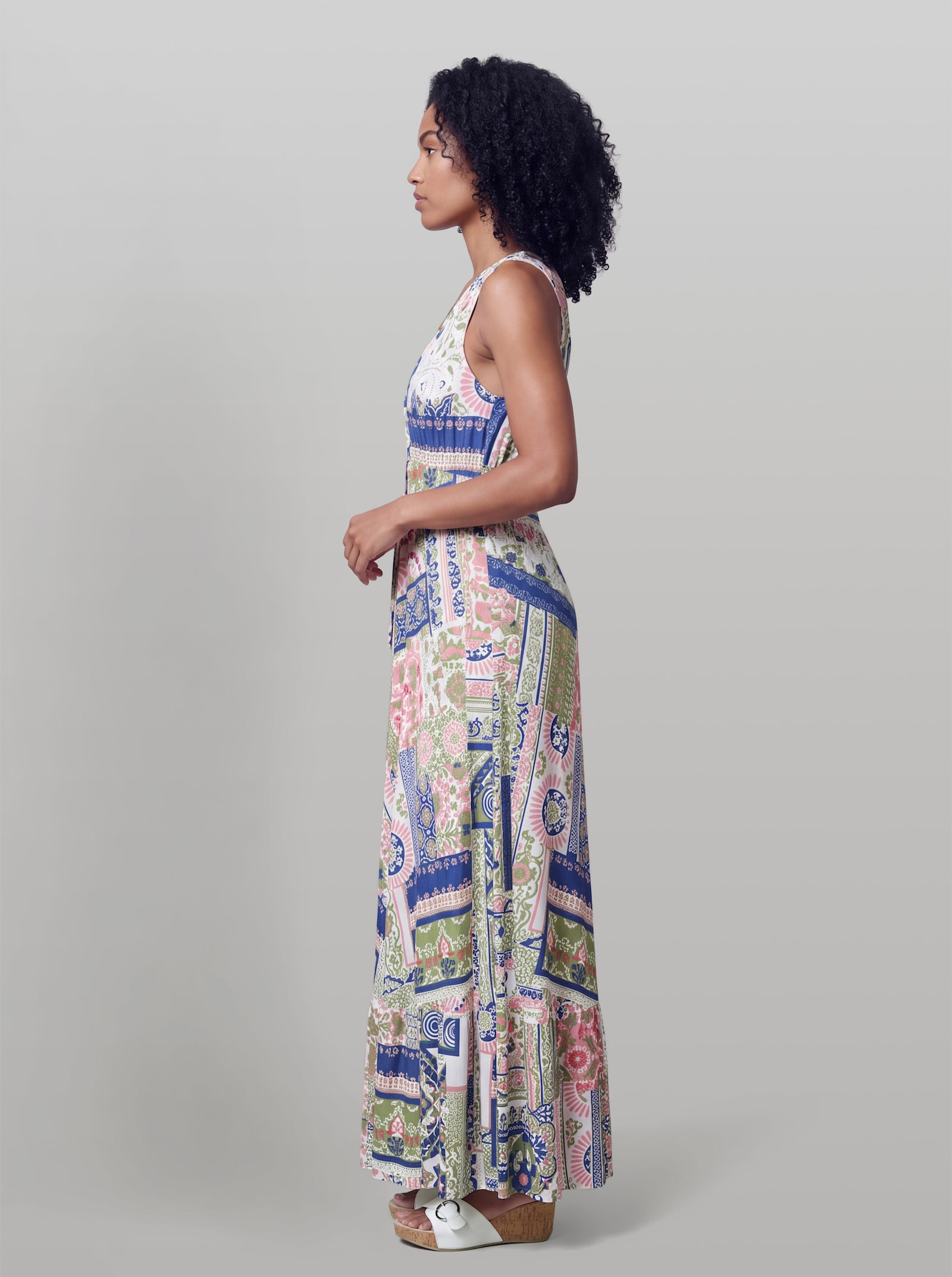 heine Druckkleid mit Carmen-Ausschnitt - eucalyptus-royalblau-bedruckt