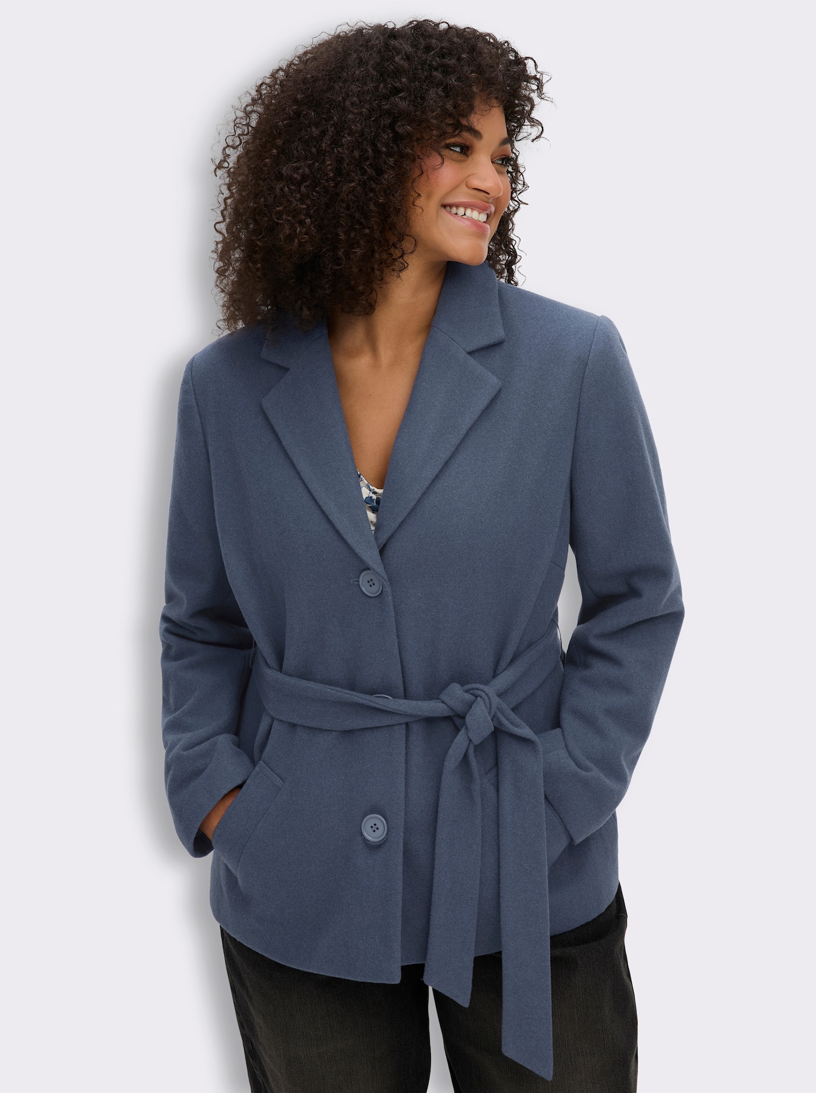 sheego Wolljacke mit Bindegürtel - rauchblau