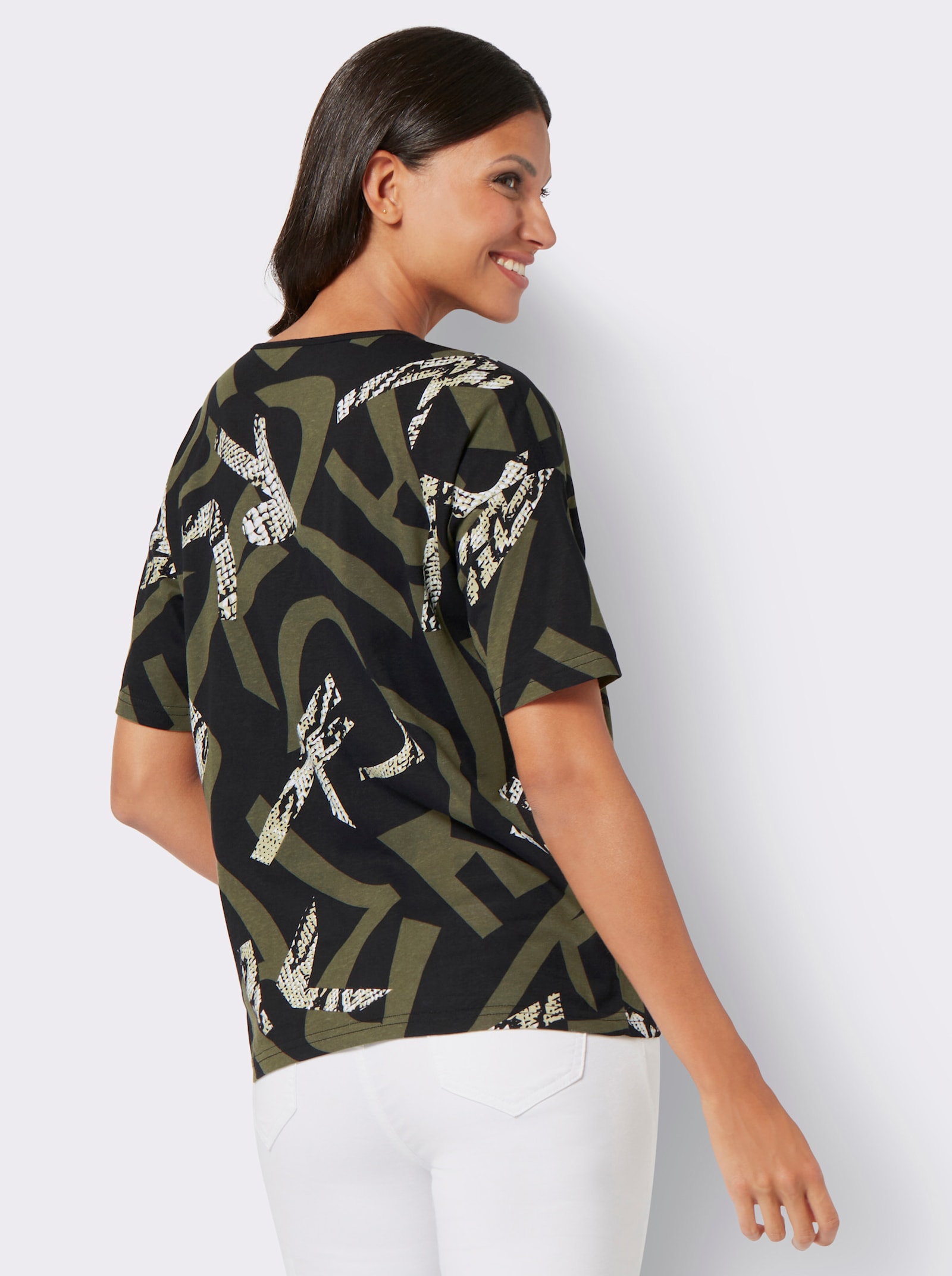 Tričko s krátkým rukávem s kombinací vzorů - černá-olivová-potisk