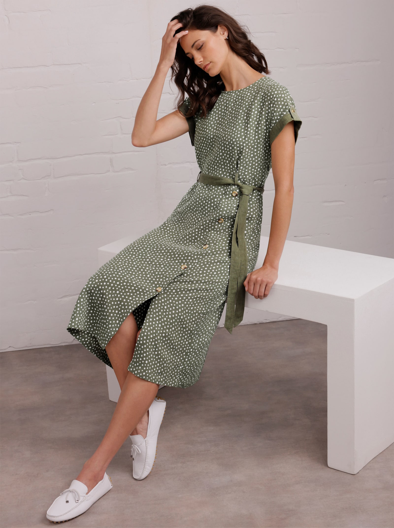 CREATION L PREMIUM Druckkleid aus reinem Leinen - khaki-weiss-bedruckt