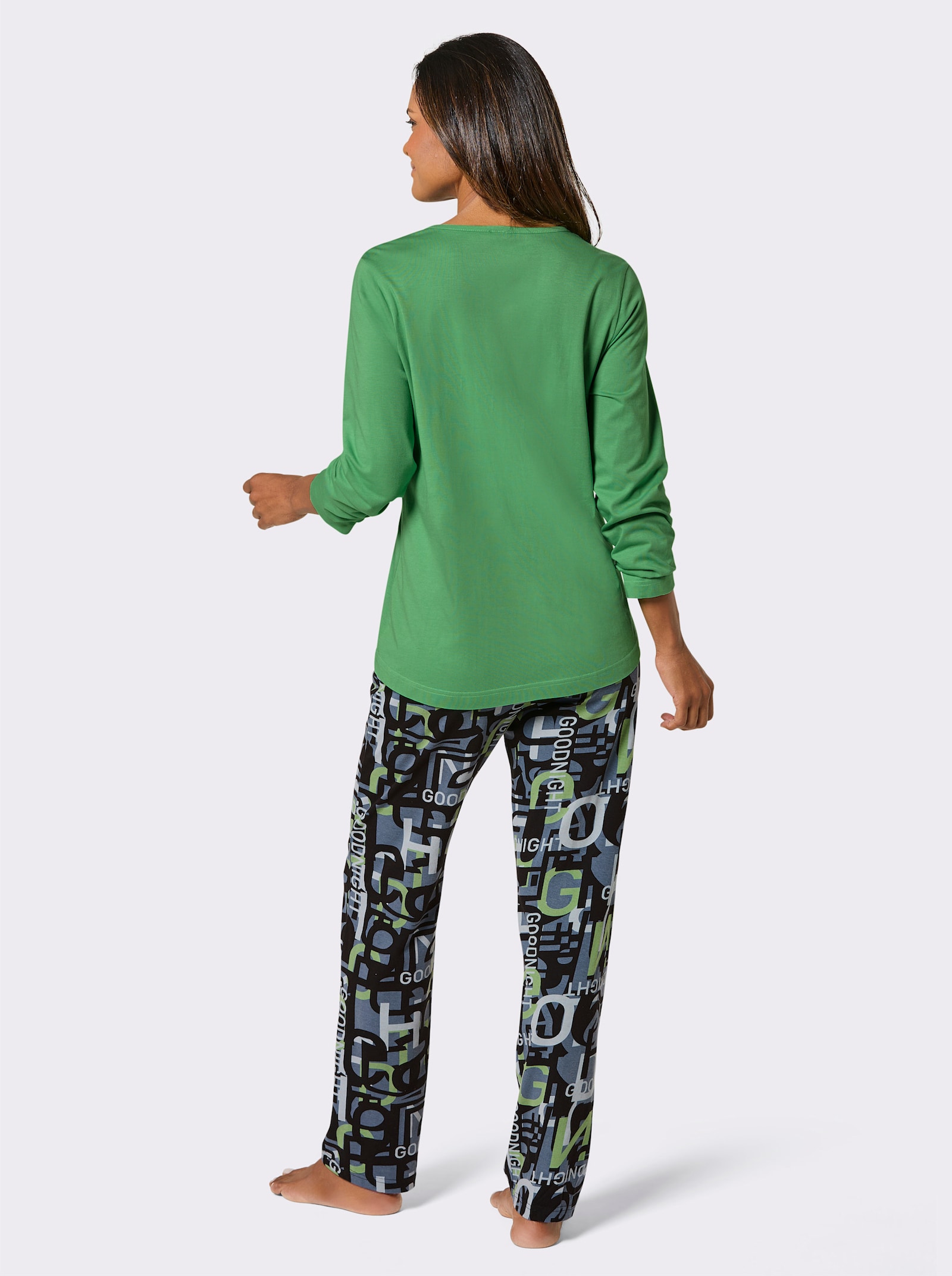 wäschepur Schlafanzug mit V-Ausschnitt - schwarz-apfel-bedruckt