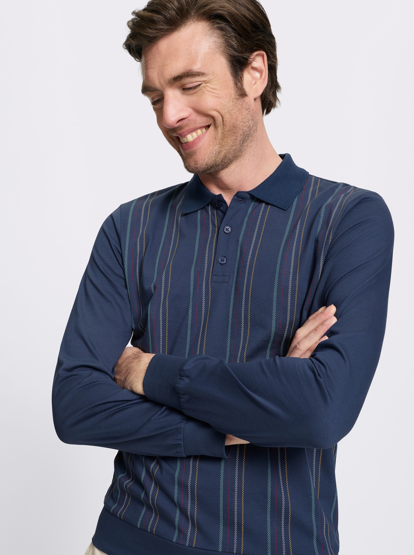 Marco Donati Langarm-Poloshirt mit Knopfleiste - dunkelblau-gestreift