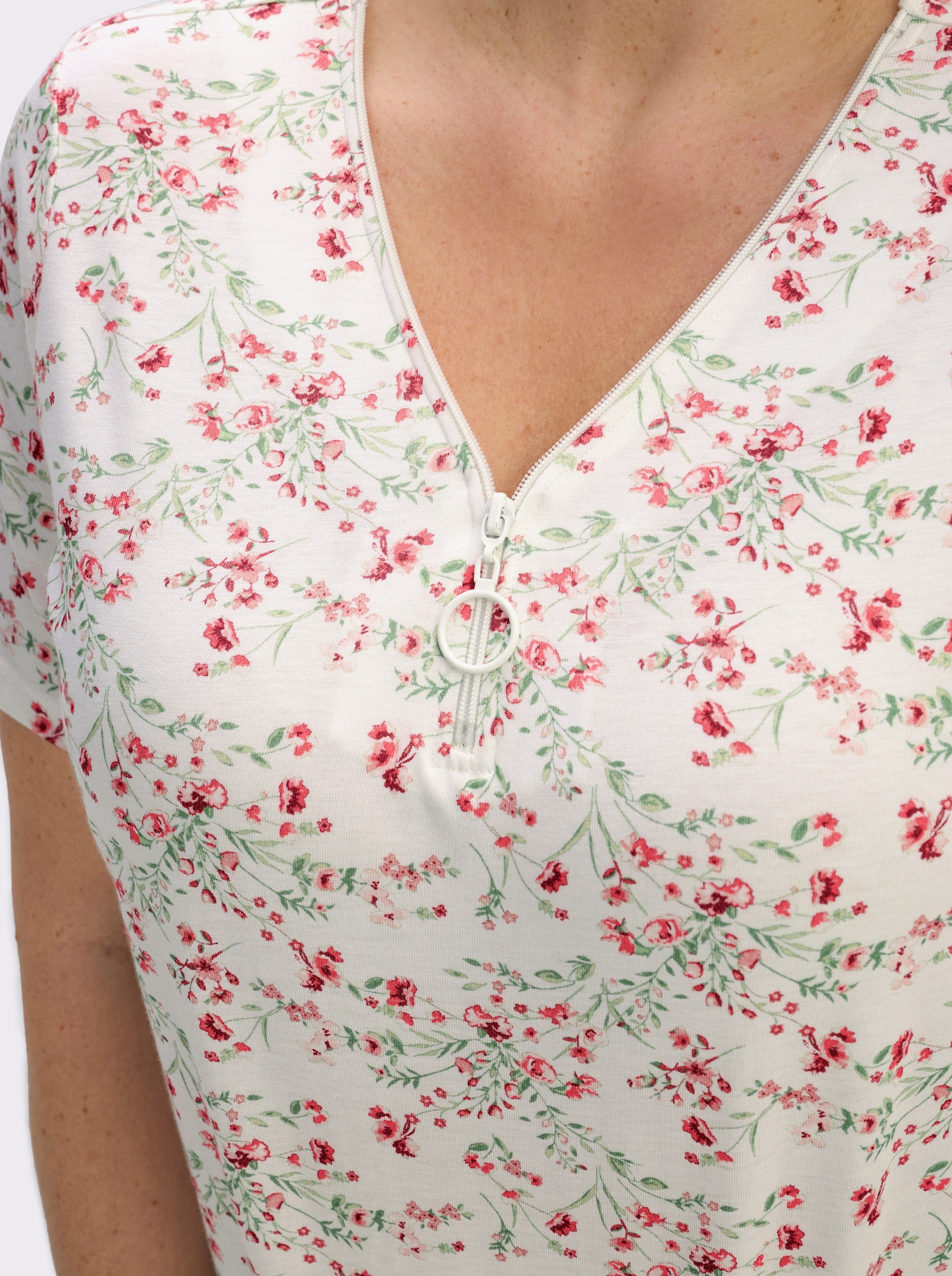 Kurzarmshirt mit Reißverschluss am Ausschnitt - ecru-hellrosé-gemustert