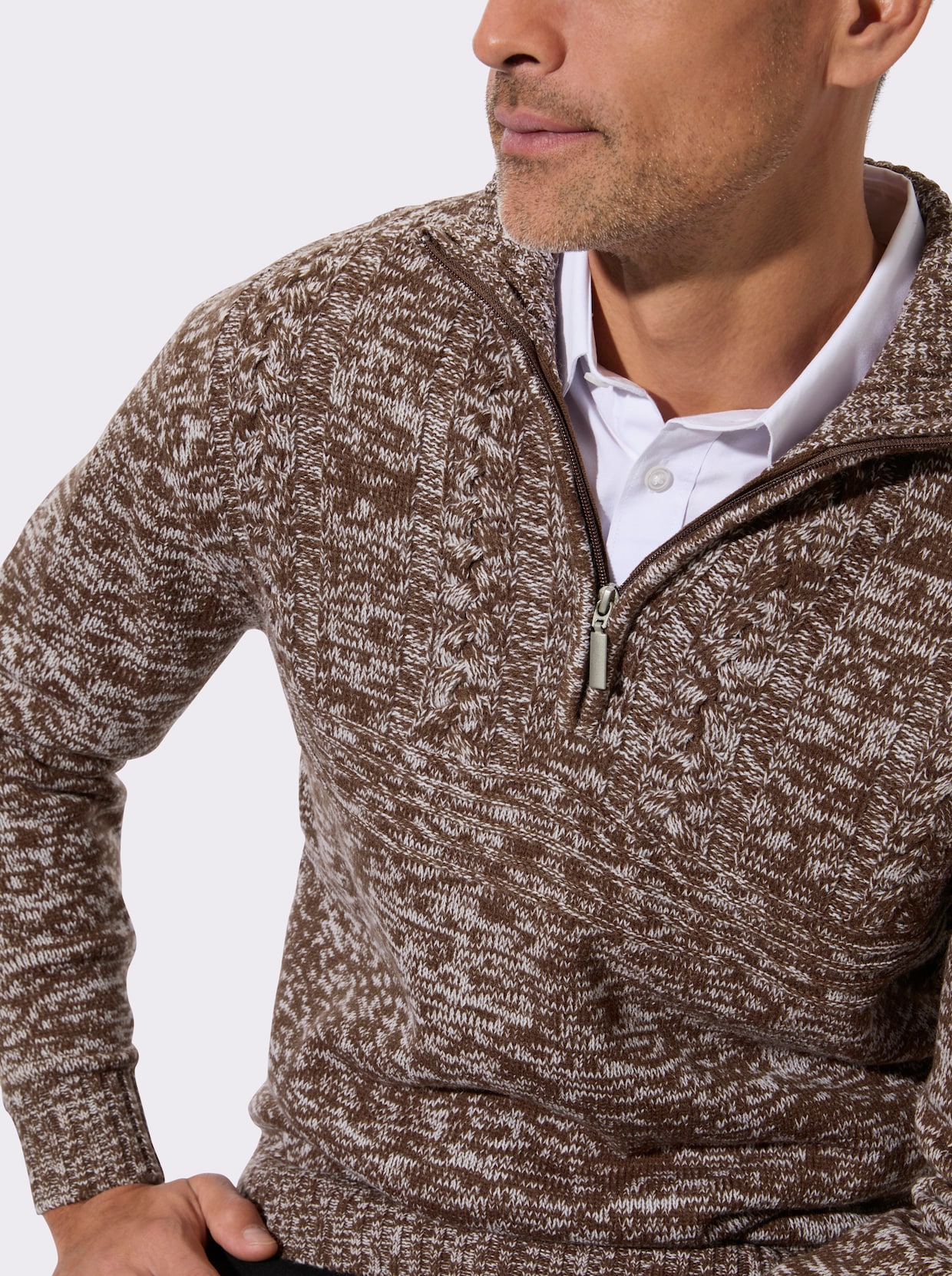 Langarm-Pullover mit platziertem Zopfmuster - schoko-meliert