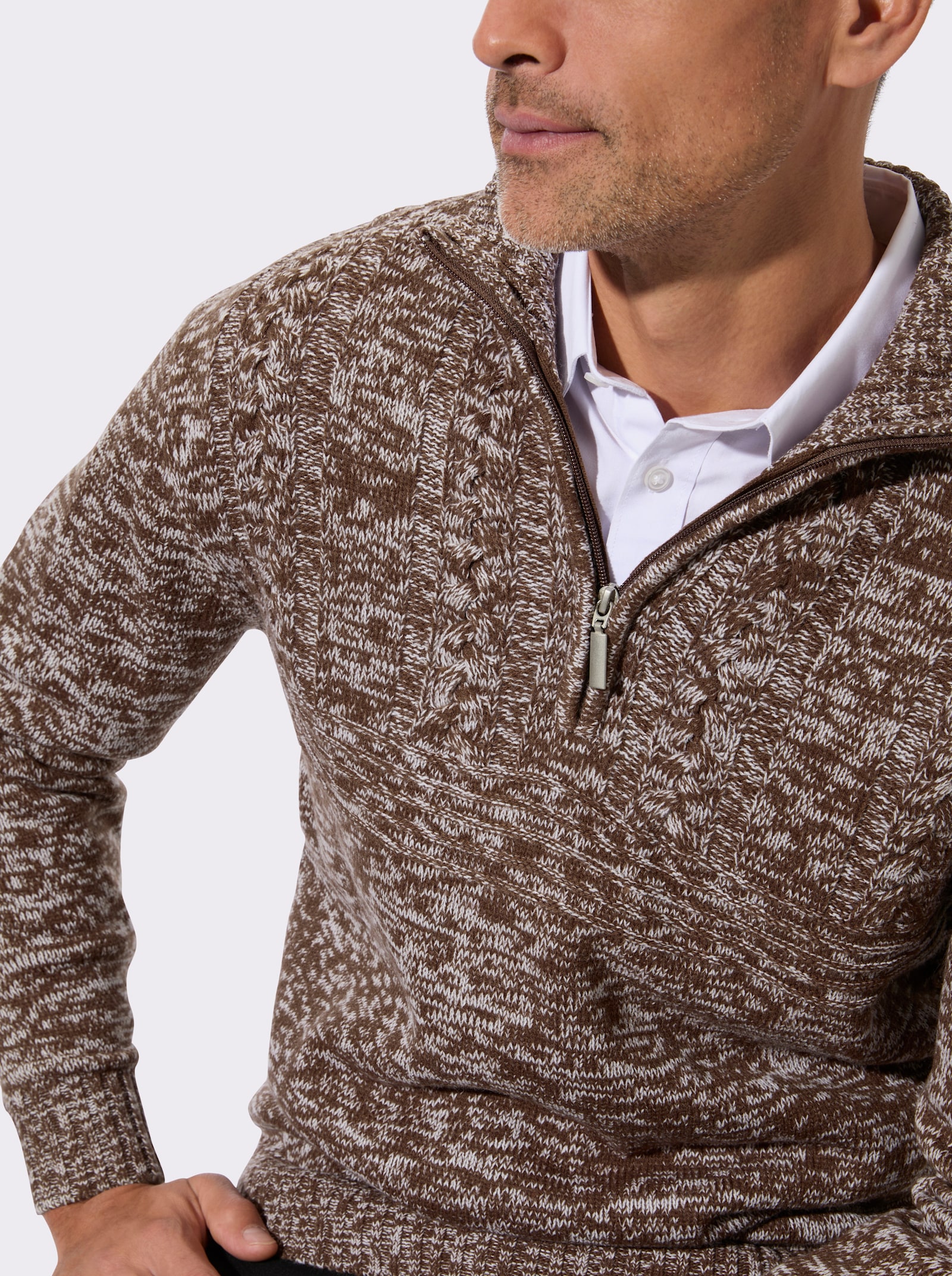 Langarm-Pullover mit platziertem Zopfmuster - schoko-meliert