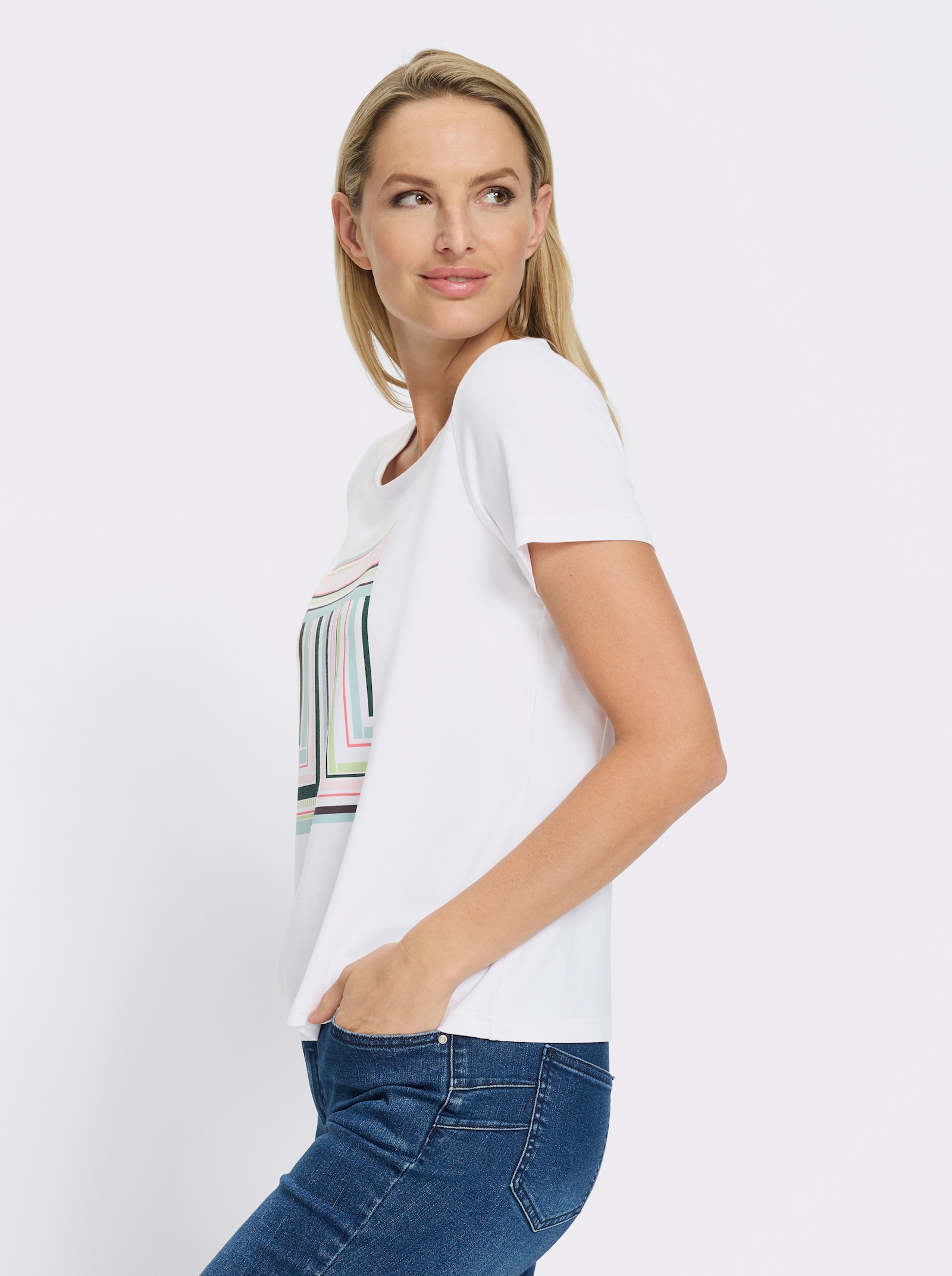 heine Kurzarmshirt mit grafischem Druck-Dessin - weiß-kalkmint