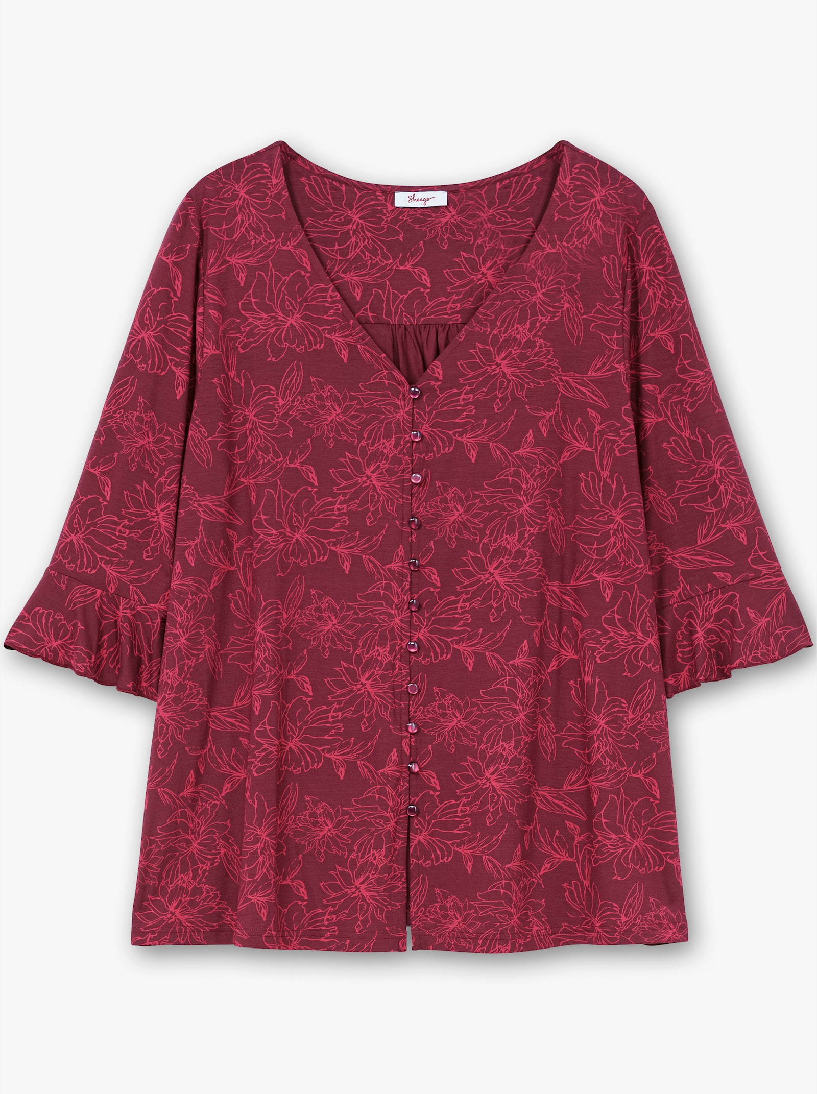 sheego 3/4-Arm-Shirt in A-Linie - weinrot-gemustert
