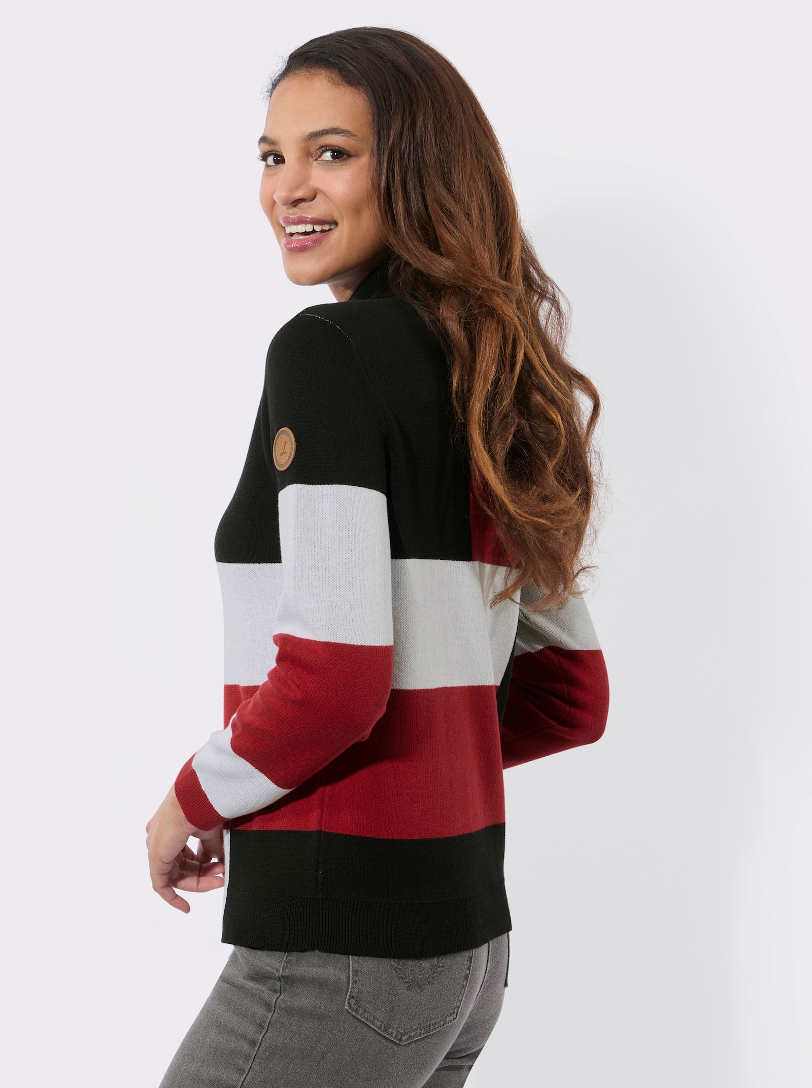 Langarm-Pullover mit Stehkragen - rot-schwarz-gemustert