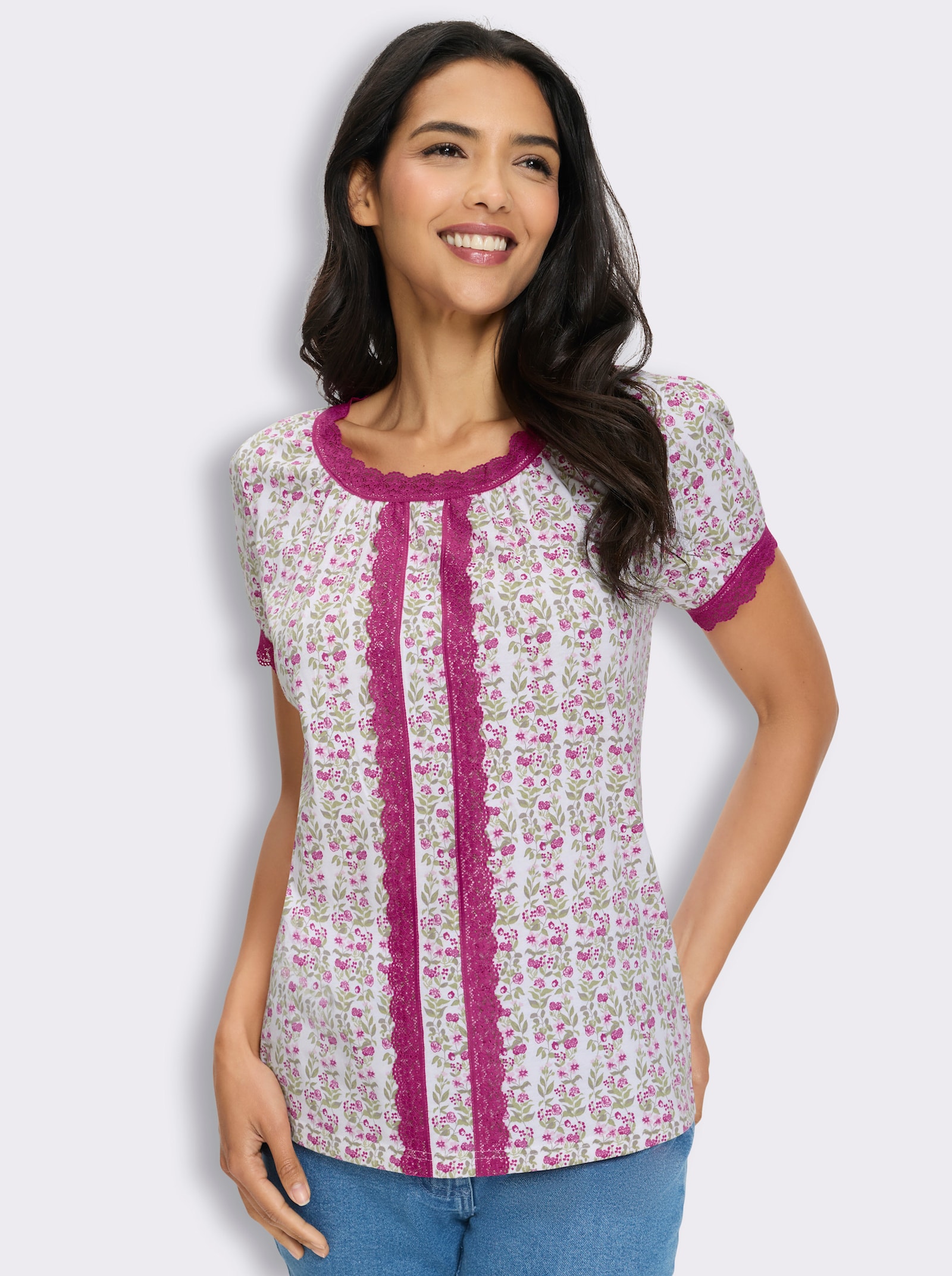 Trachtenshirt mit Spitzenborte - weiß-magenta-bedruckt