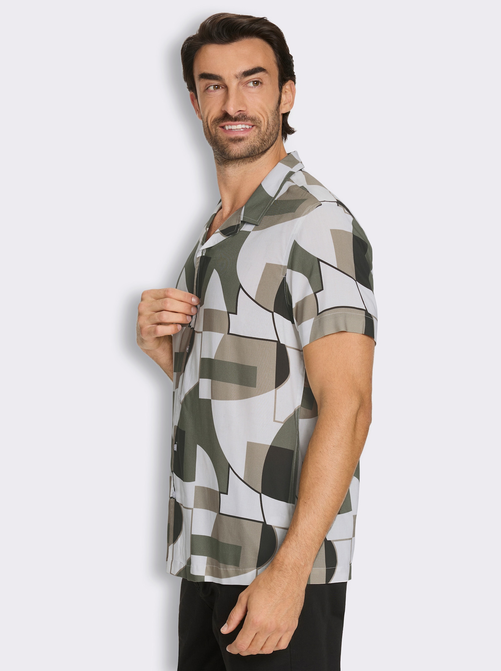 Marco Donati Kurzarmhemd aus reiner Viskose, Digital-Print - ecru-khaki-gemustert