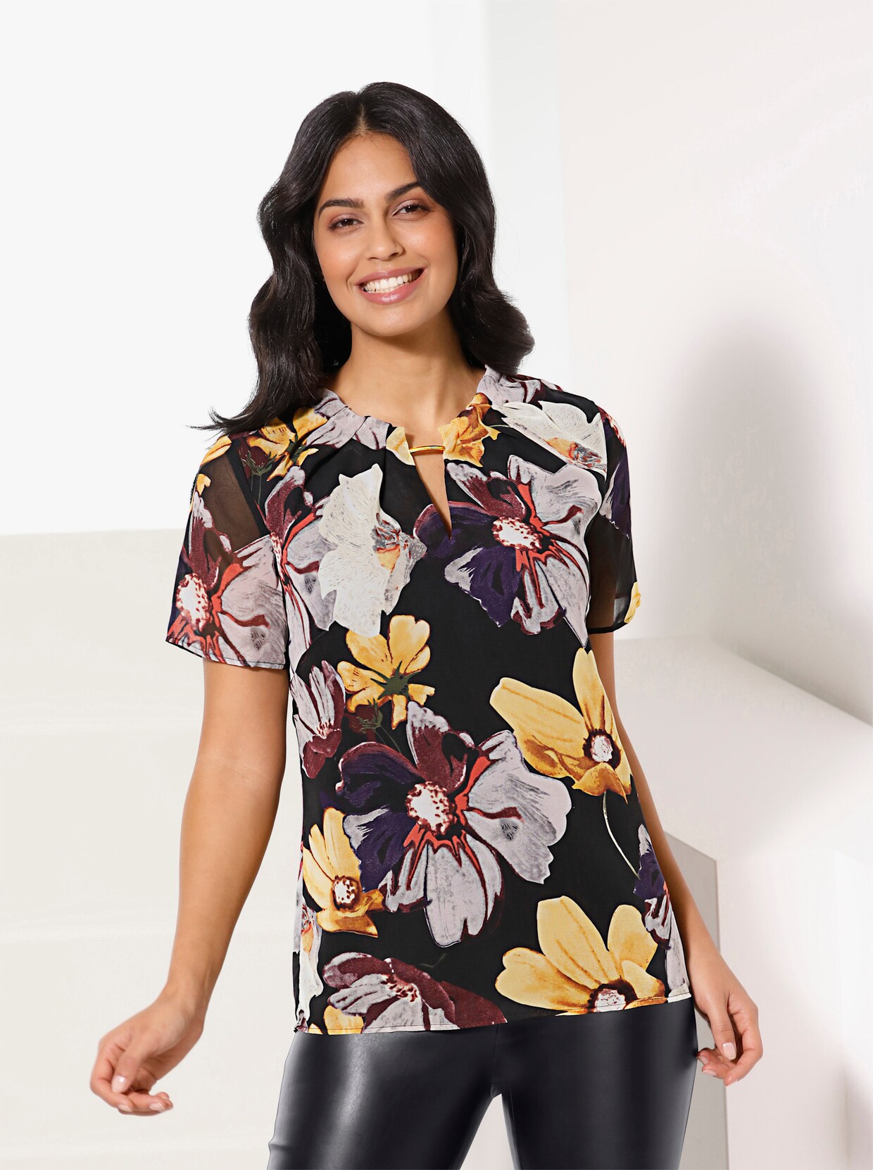 Chiffonbluse - schwarz-ocker-bedruckt