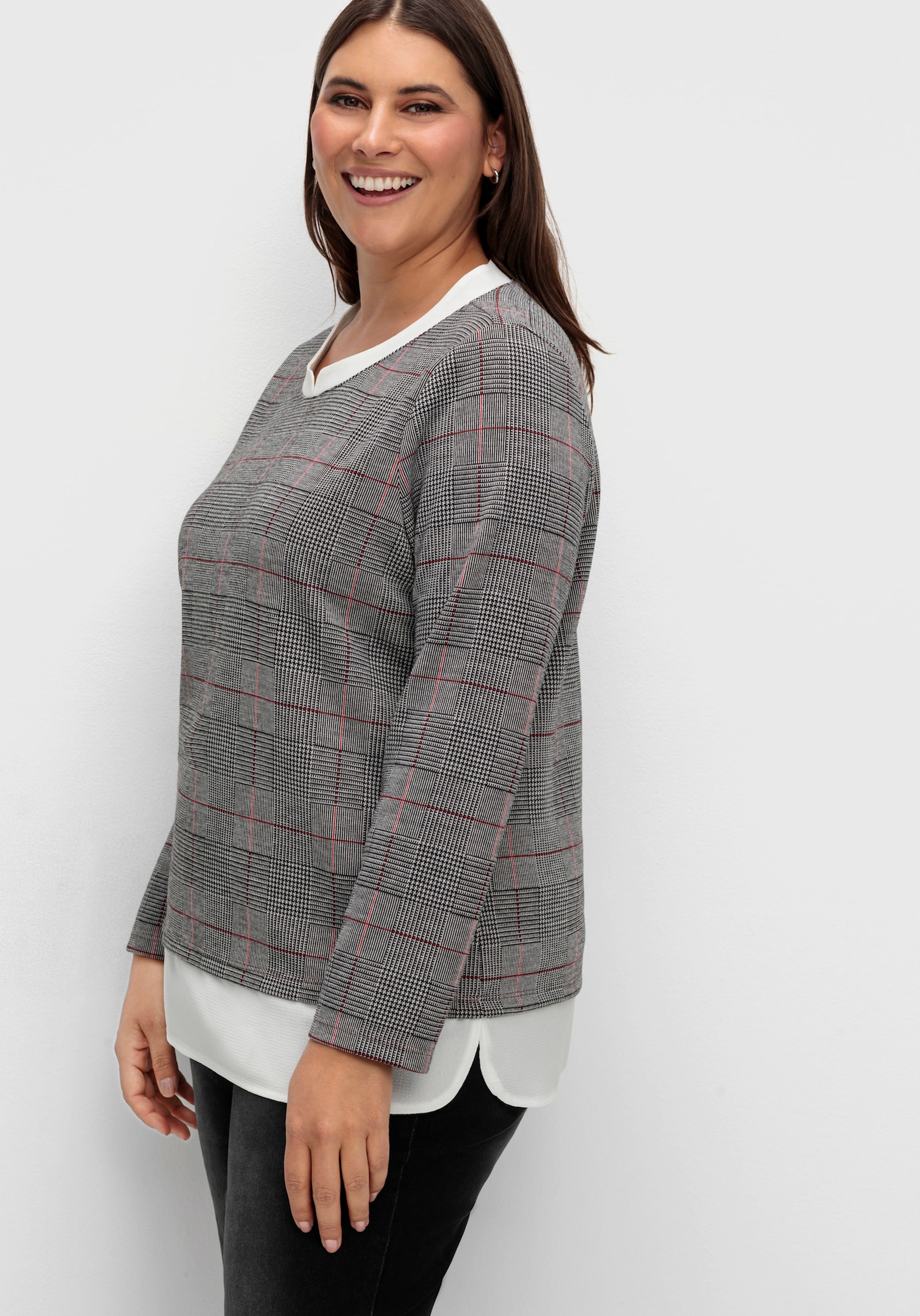 2-in-1-Shirt aus formstabilem Jersey - schwarz-rot-kariert