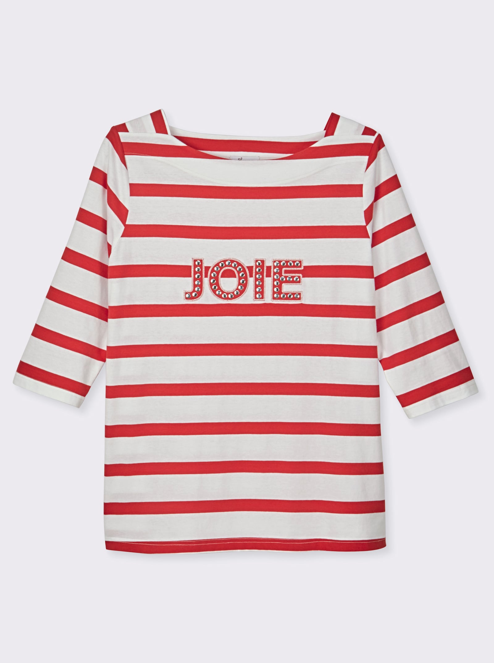 sheego 3/4-Arm-Shirt mit Ringeln und Front-Patches - weiss-erdbeere-geringelt