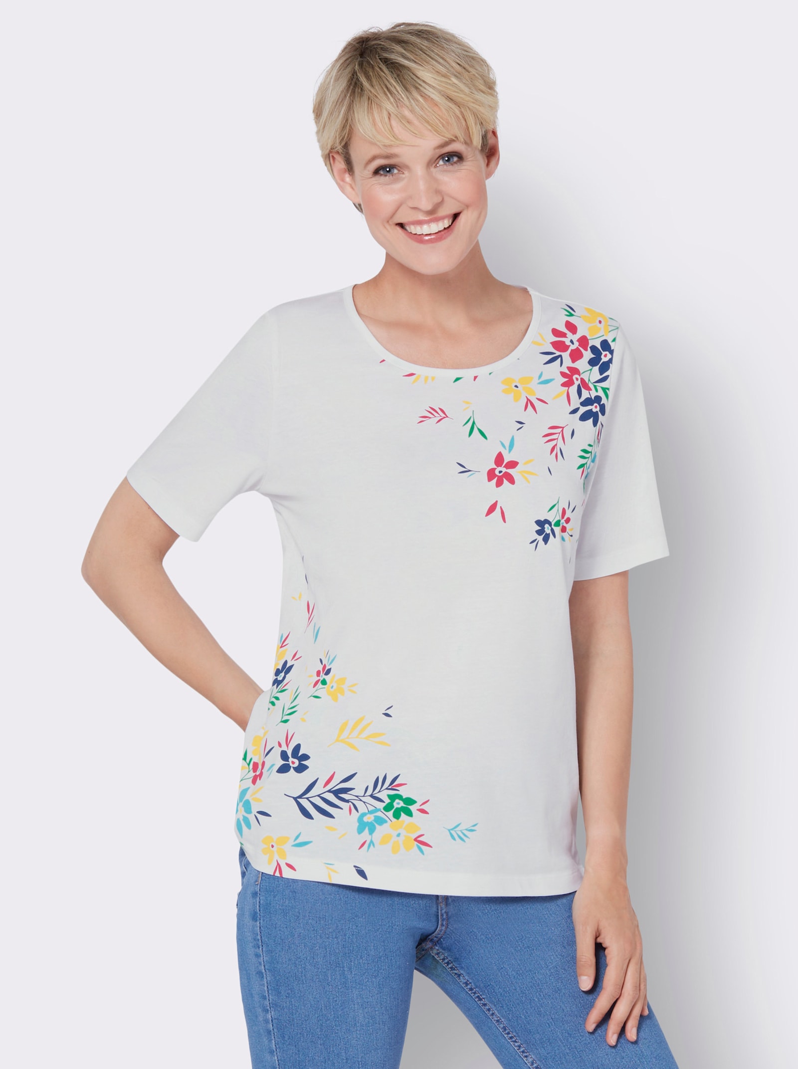 Kurzarmshirt mit floralem Druck - weiß-pink