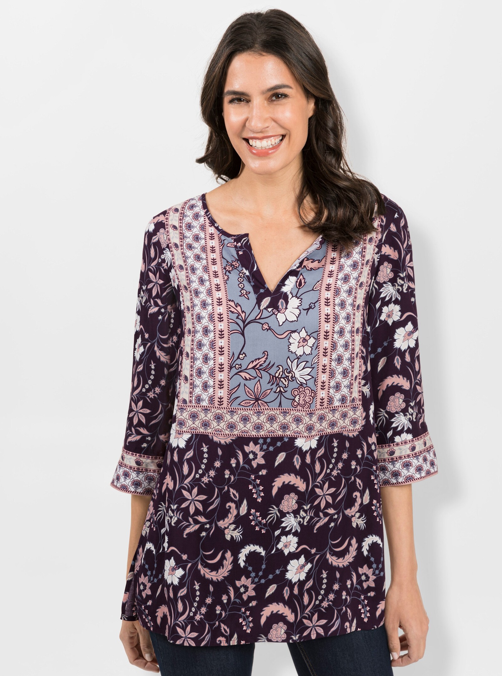 Druckbluse mit Seitenschlitzen - taubenblau-rosenquarz