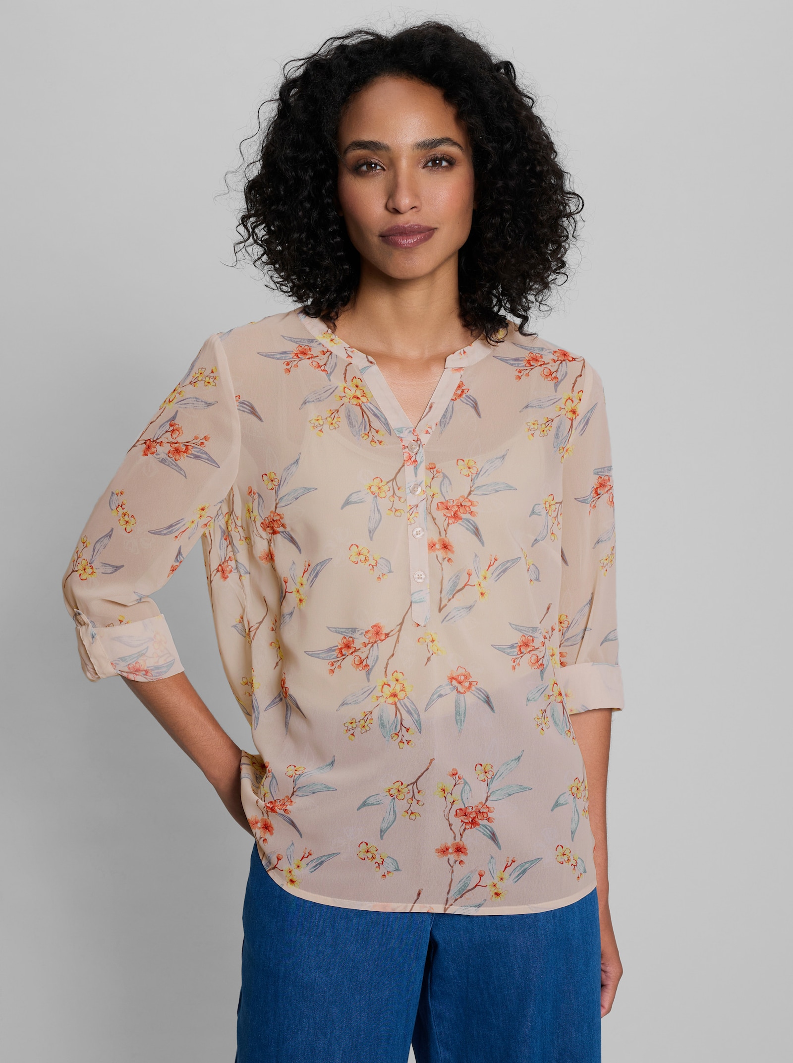 heine Georgettebluse mit Ärmelriegel - elfenbein-mint-bedruckt