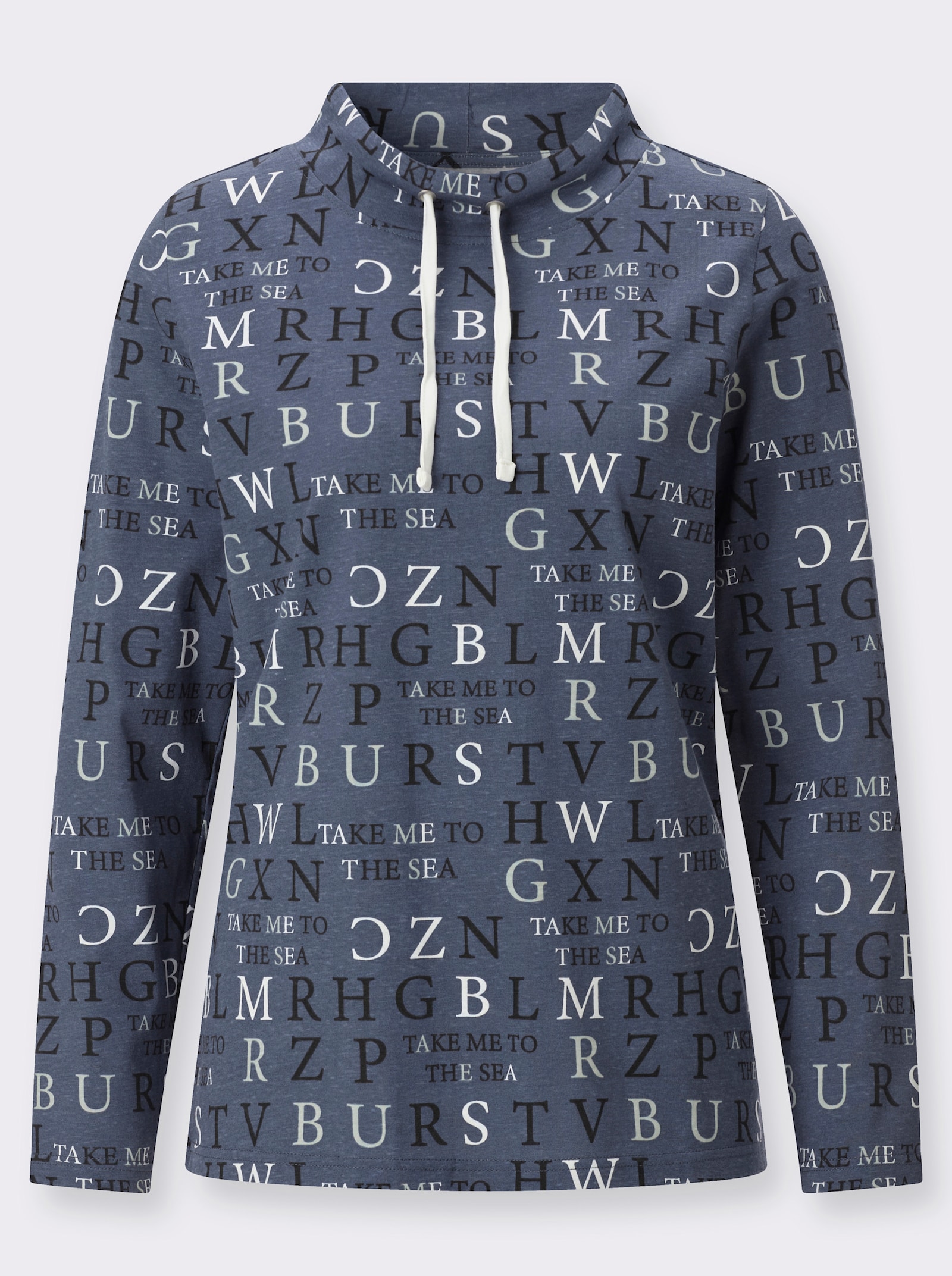 Stehkragenshirt mit Buchstabendruck - rauchblau-ecru-bedruckt