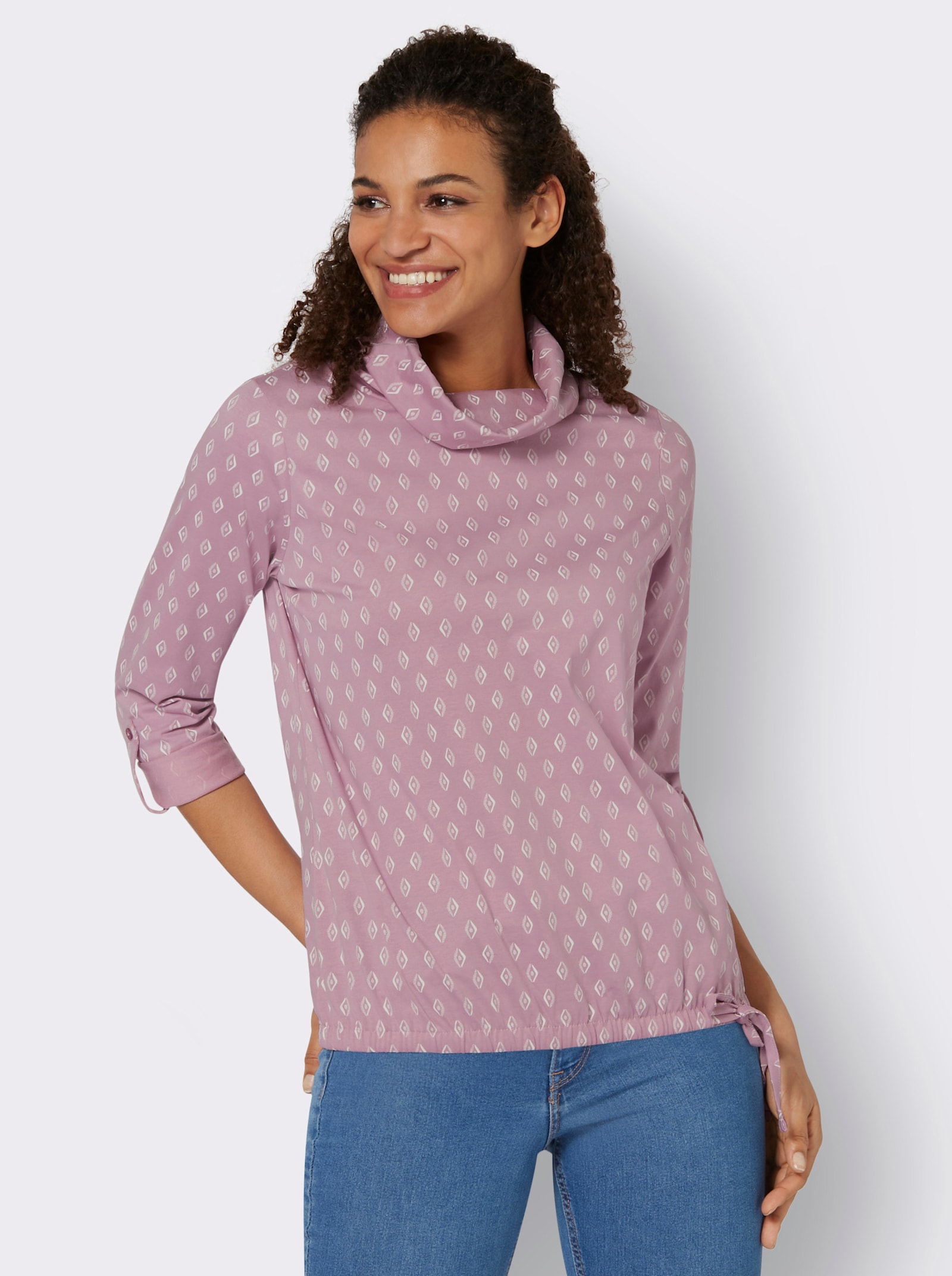 Rollkragenshirt Mit Krempel-Ärmel - mauve-ecru-bedruckt