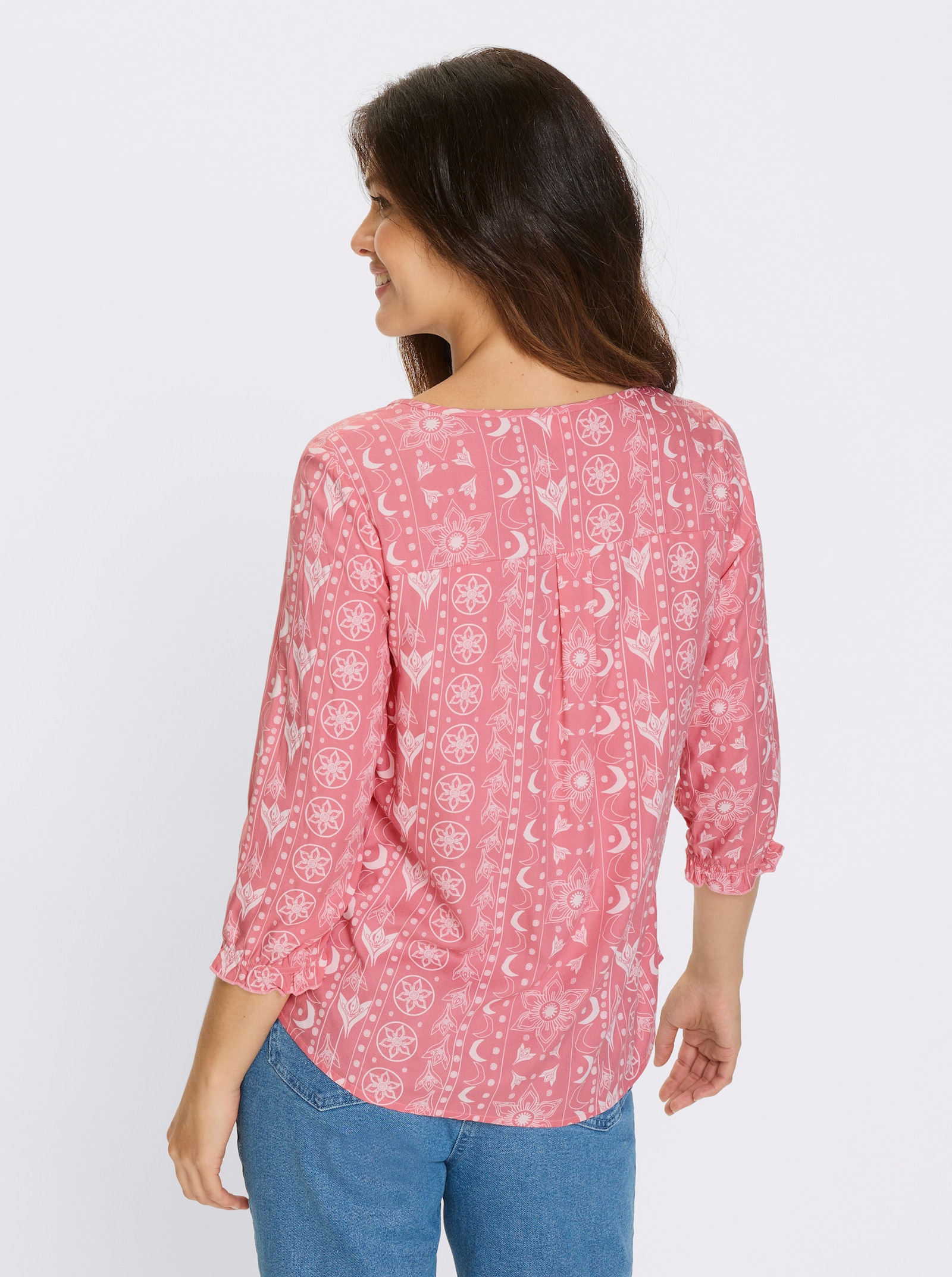 Navliekacia blúzka s etno vzorom - Plameniakovo-svetlobéžová potlač