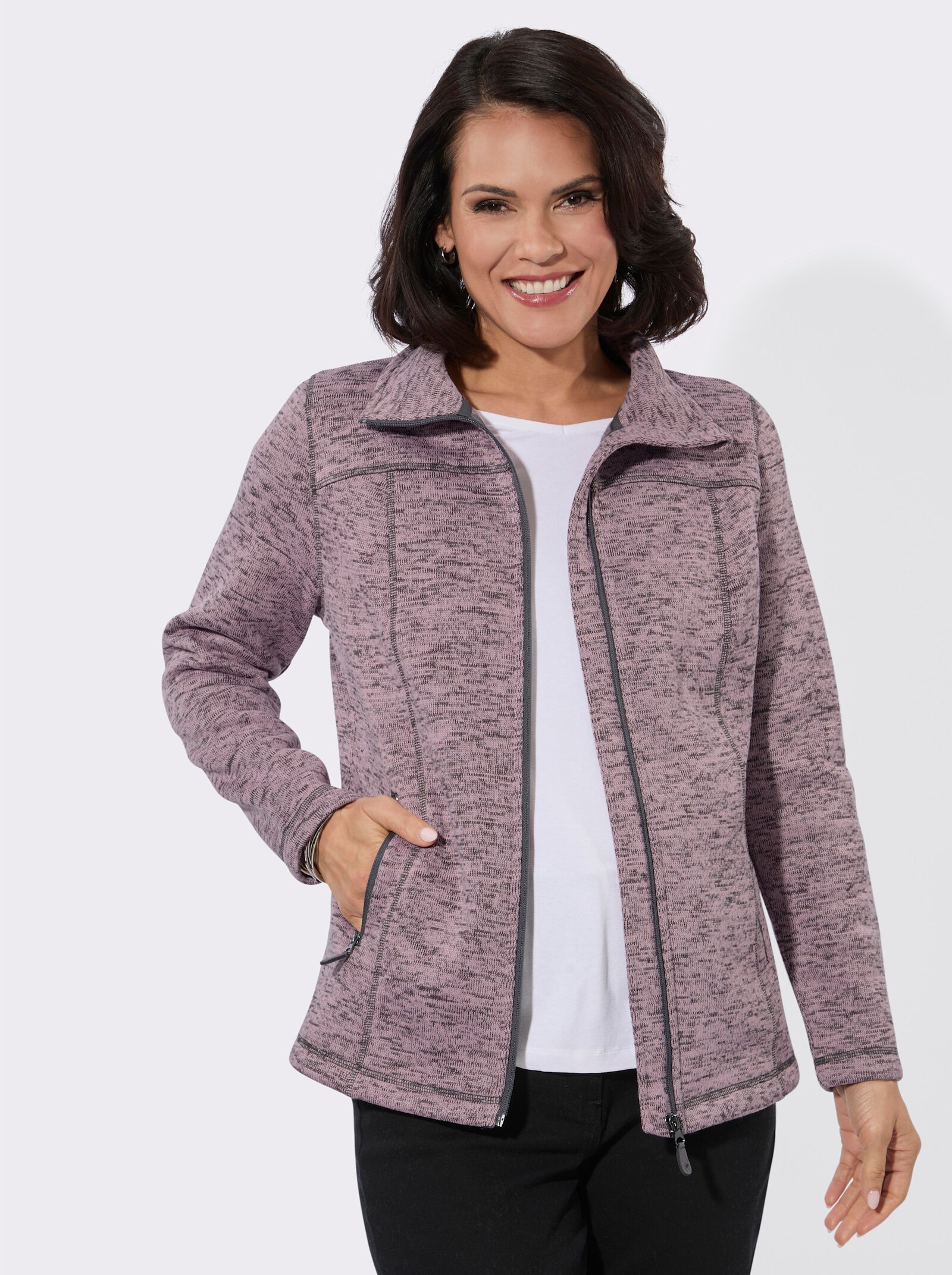 Strickfleece-Jacke mit Teilungsnähten - rosé-meliert