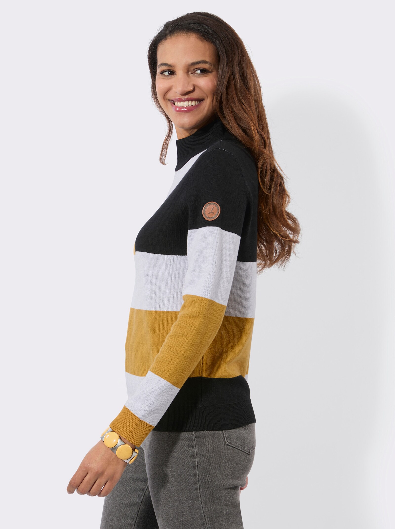 Langarm-Pullover mit Stehkragen - ocker-schwarz-gemustert