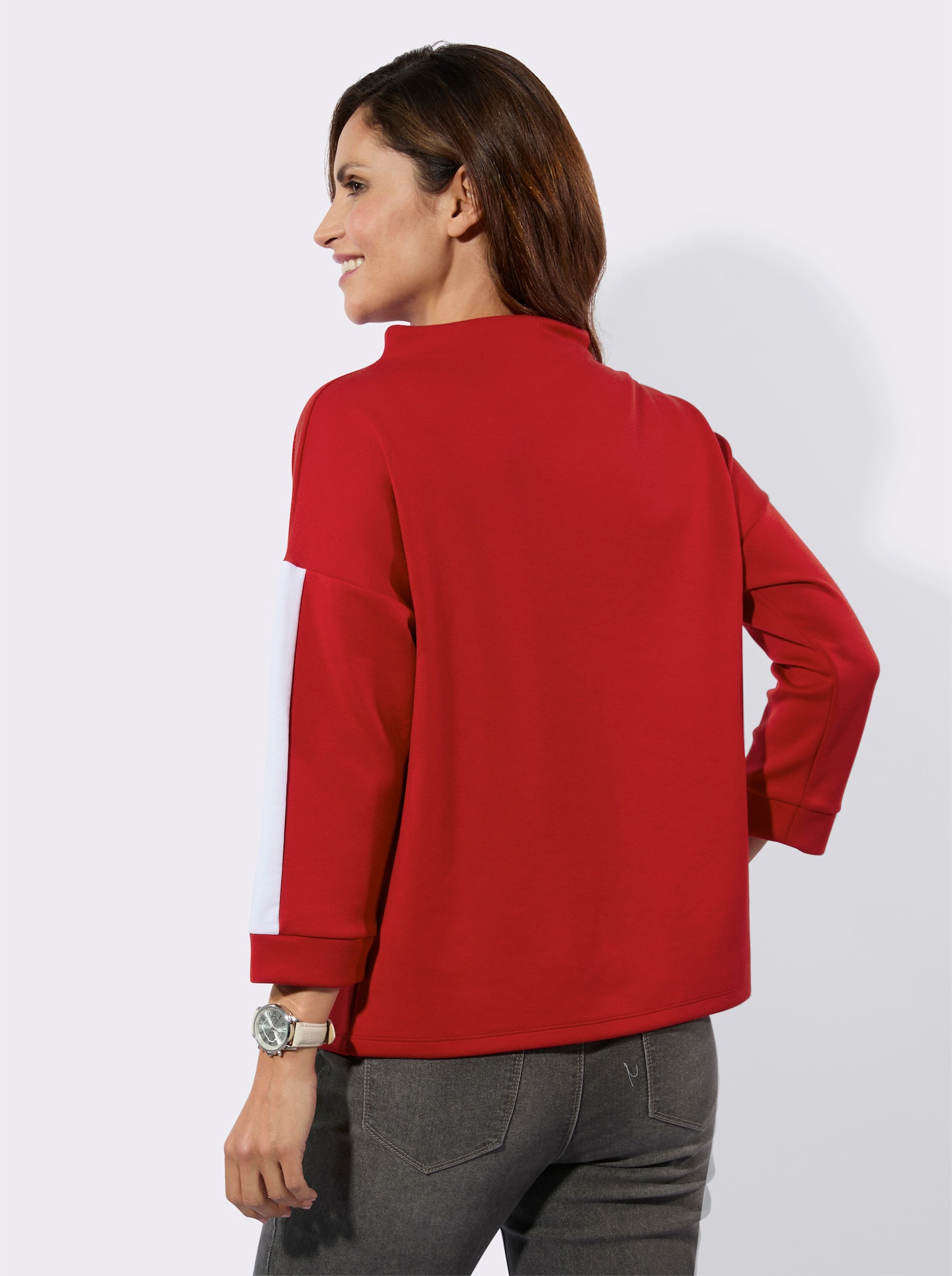 Stehkragenshirt mit Kontraststreifen - erdbeere-weiß