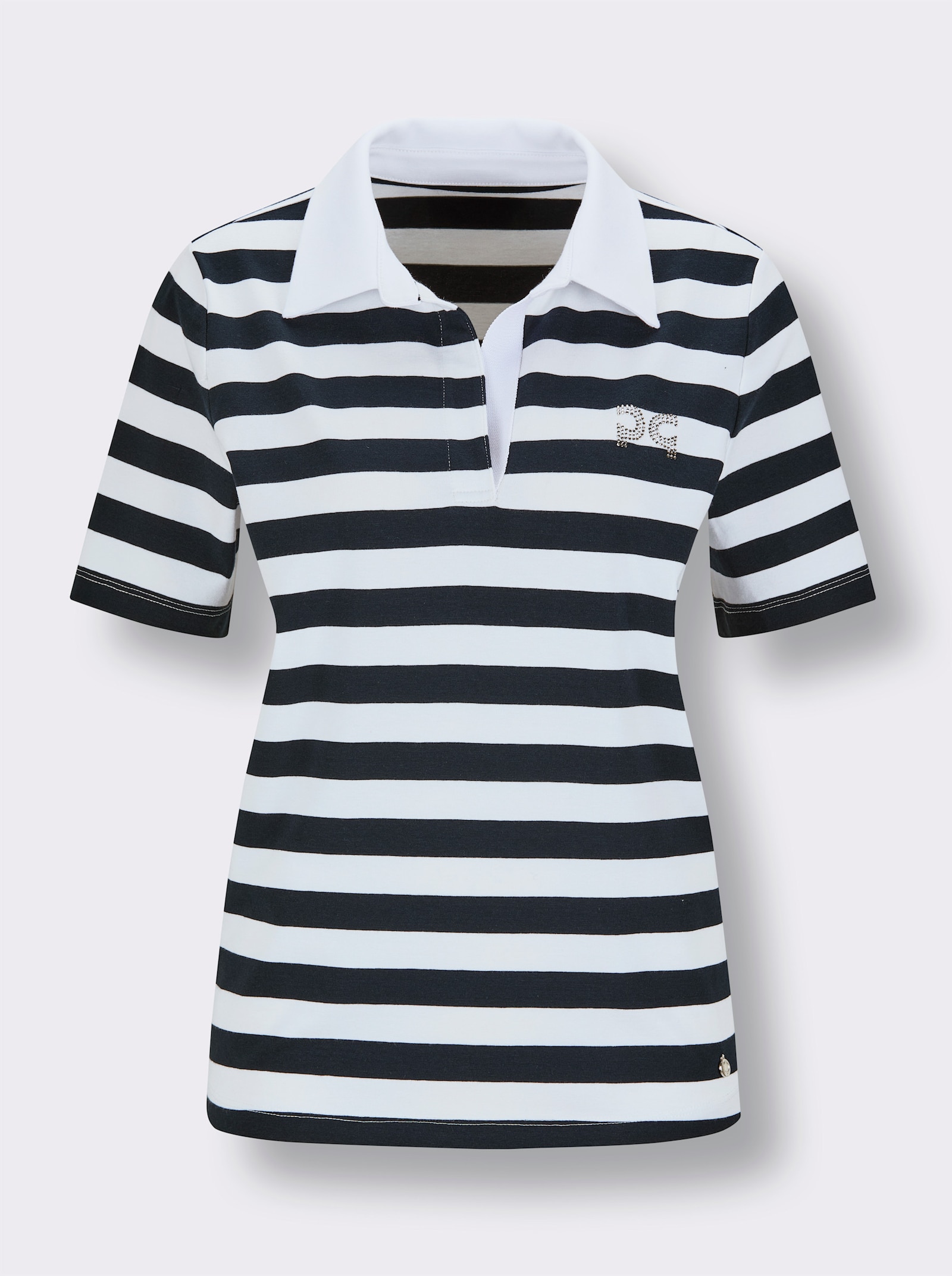 CREATION L PREMIUM Poloshirt mit Schmucksteinchen - marine-weiß-geringelt
