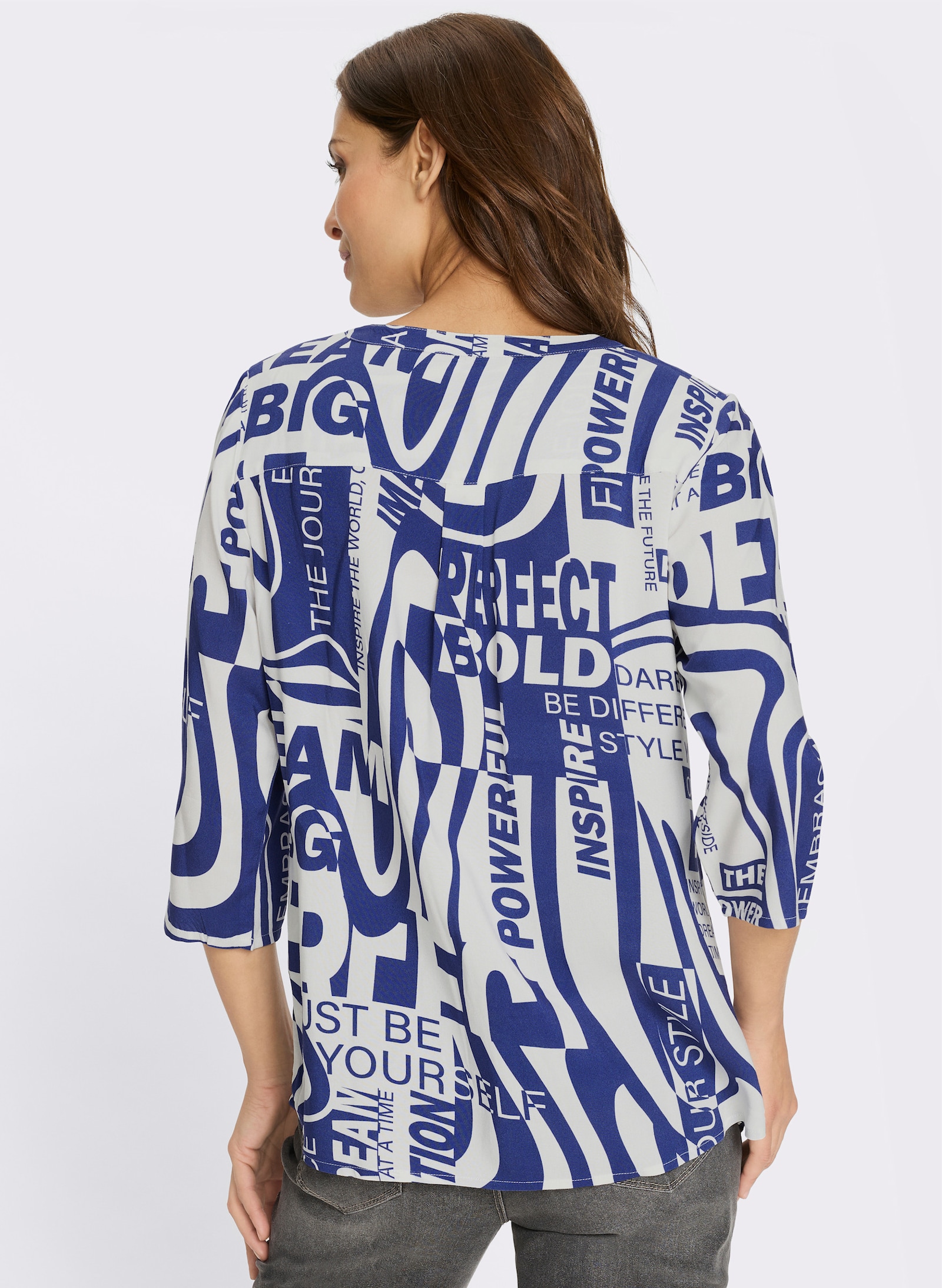 Schlupfbluse im Lettering-Druck - weiß-royalblau-bedruckt