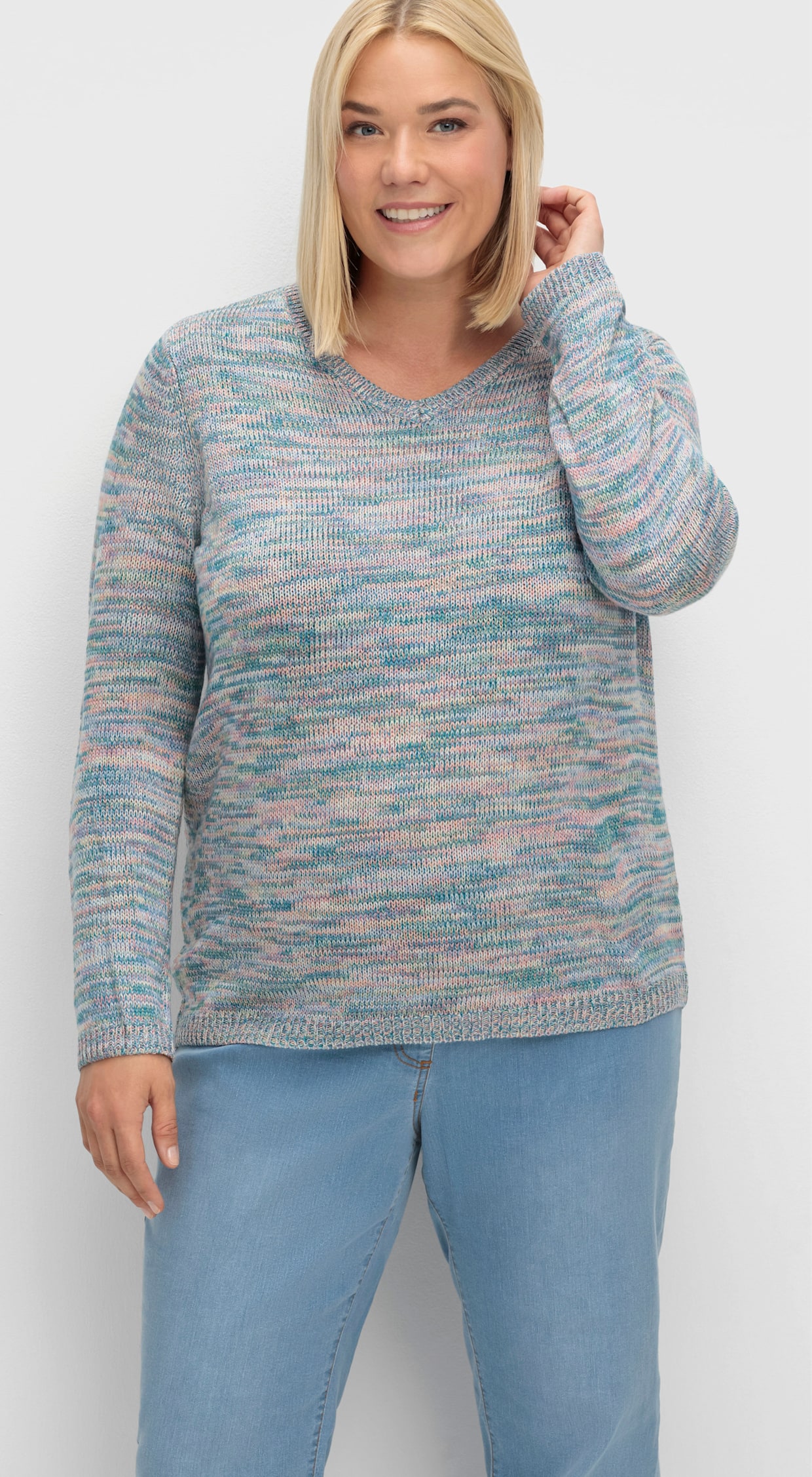 Langarm-Pullover - mittelblau-flamingo-meliert