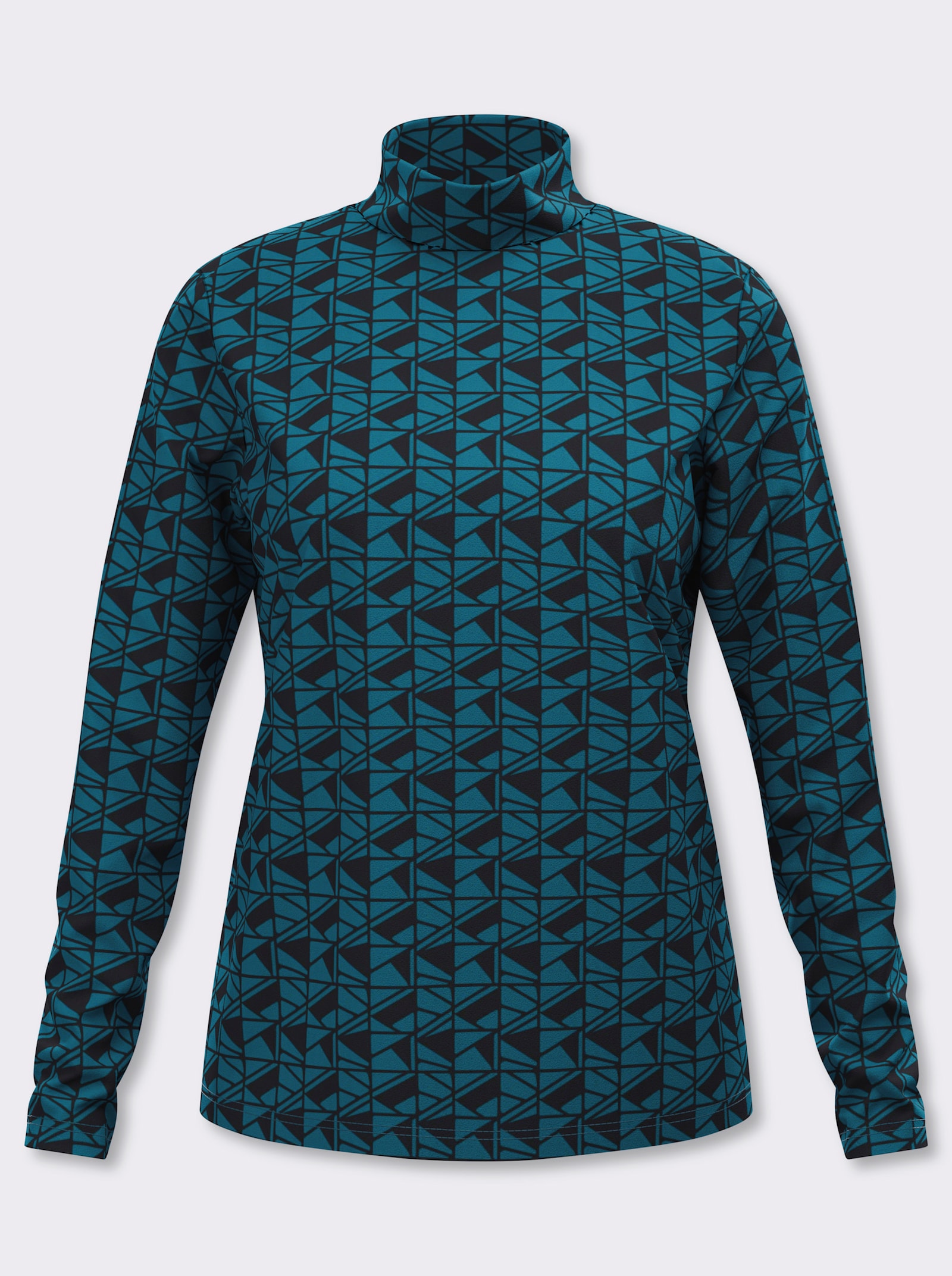Stehkragenshirt im grafischen Minimal-Dessin - aquapetrol-schwarz-bedruckt