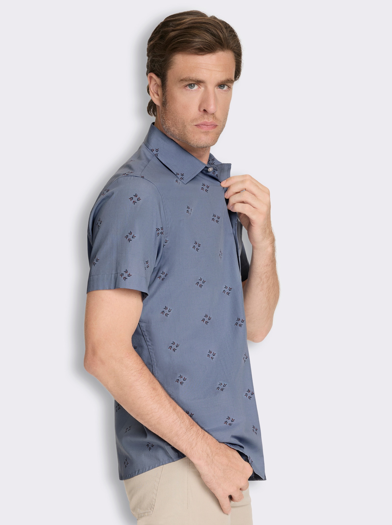 Kurzarmhemd mit Allover-Print - taubenblau