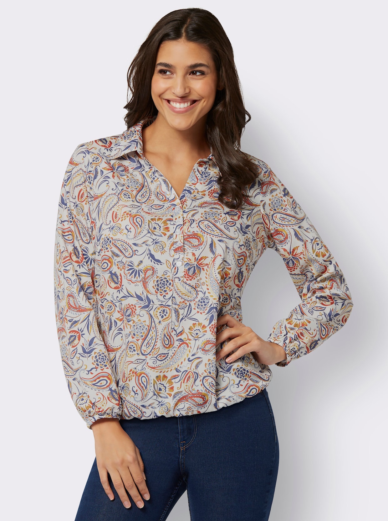 Comfortabele blouse - wit/jeansblauw bedrukt