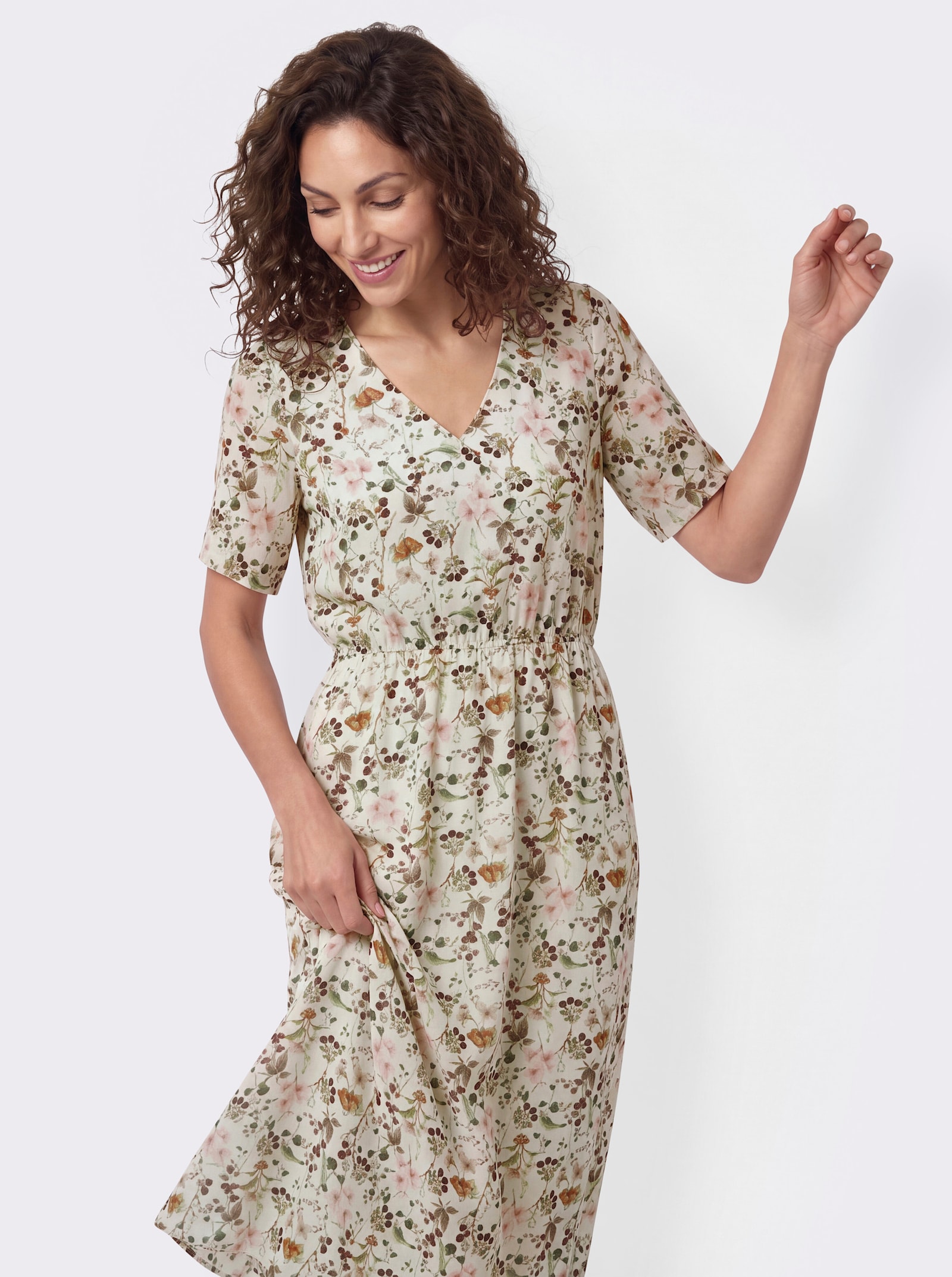 Druckkleid mit V-Ausschnitt - champagner-schilf-bedruckt