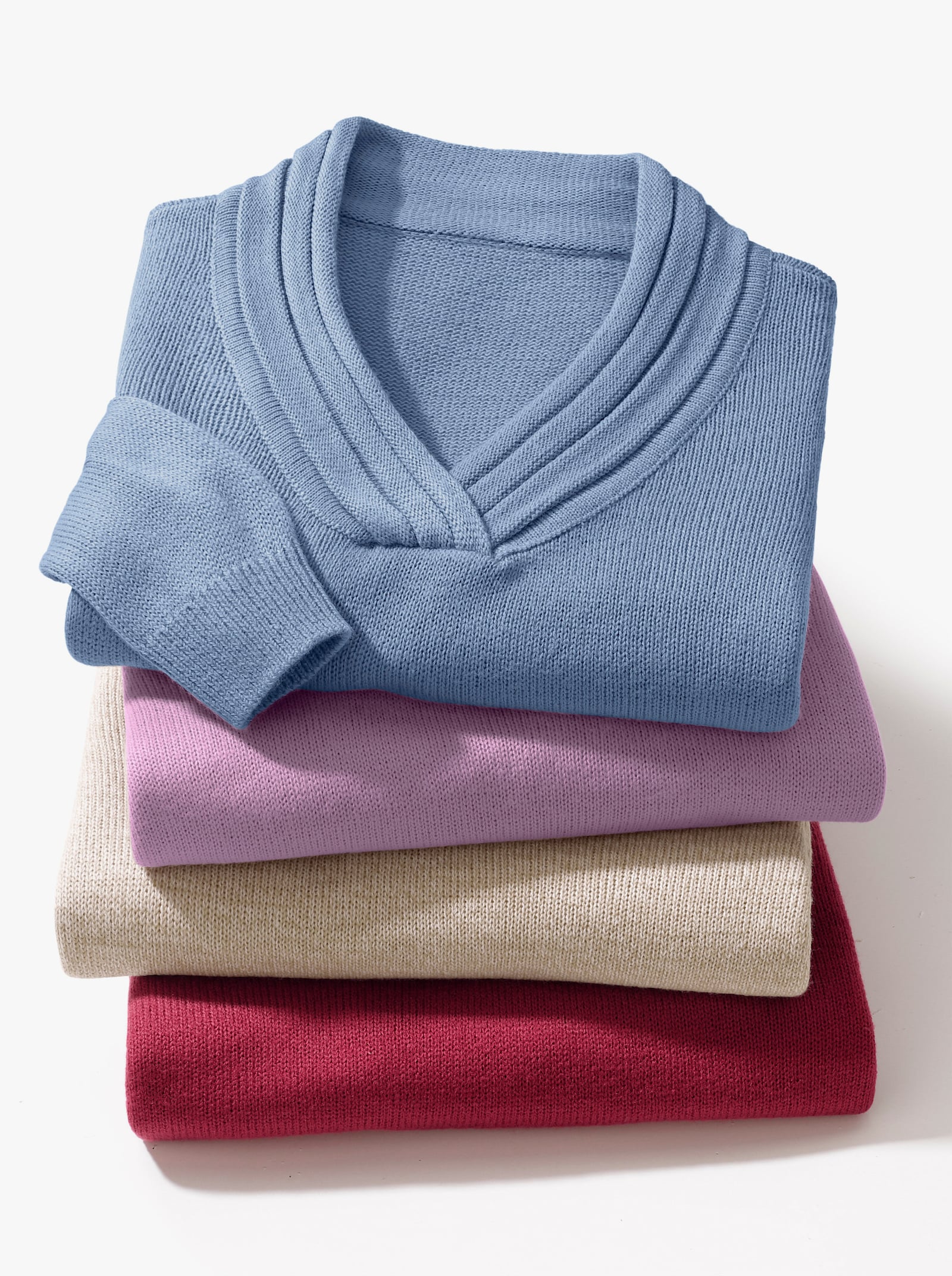 V-Ausschnitt-Pullover mit Rollkante - bleu