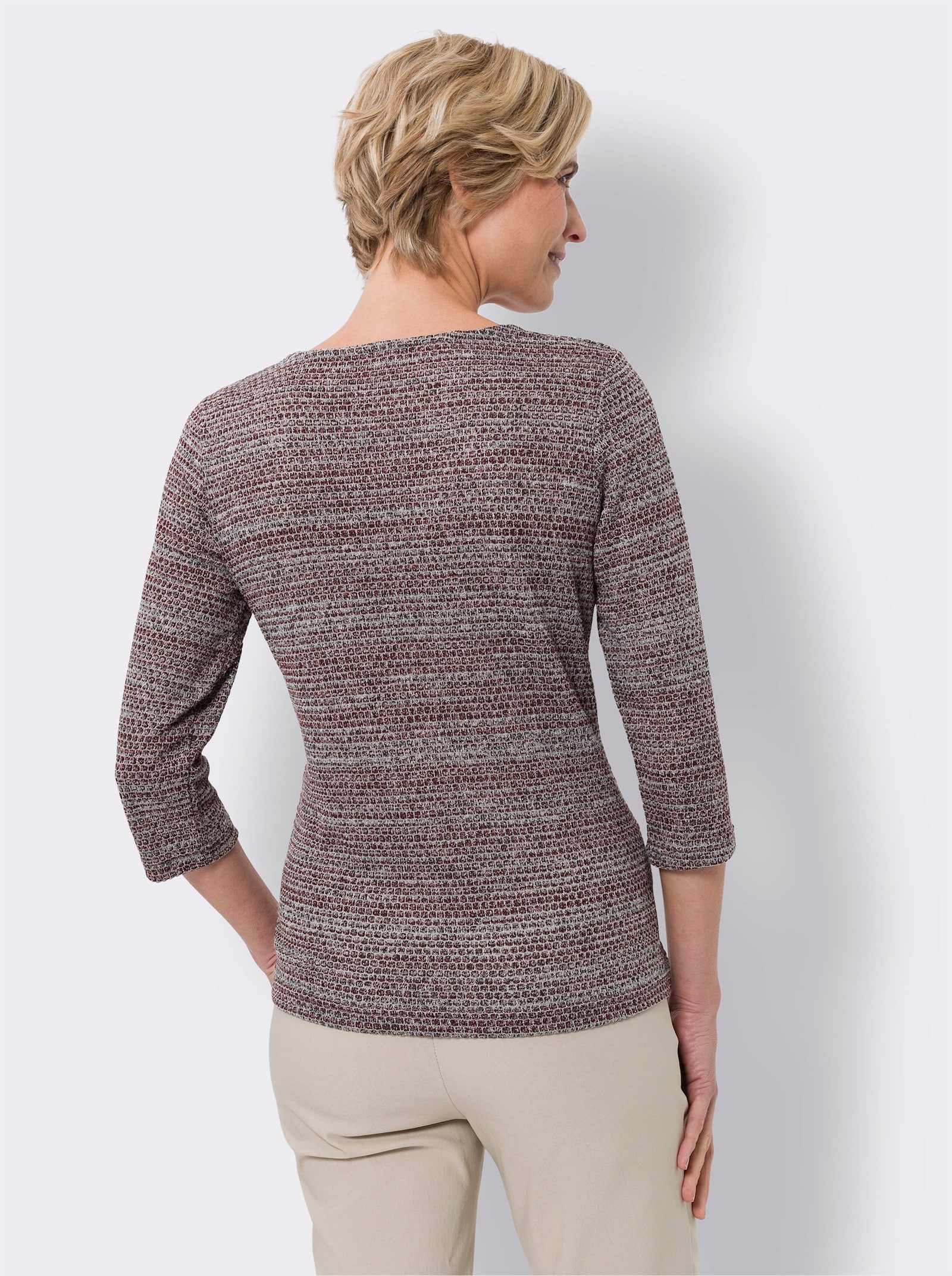 3/4-Arm-Shirt mit Herz-Ausschnitt - bordeaux-ecru-gemustert