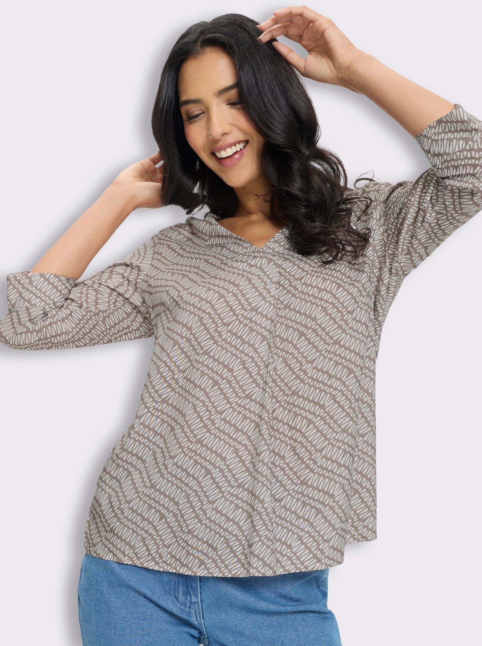 Schlupfbluse mit diagonalem Streifendruck - taupe-ecru-bedruckt