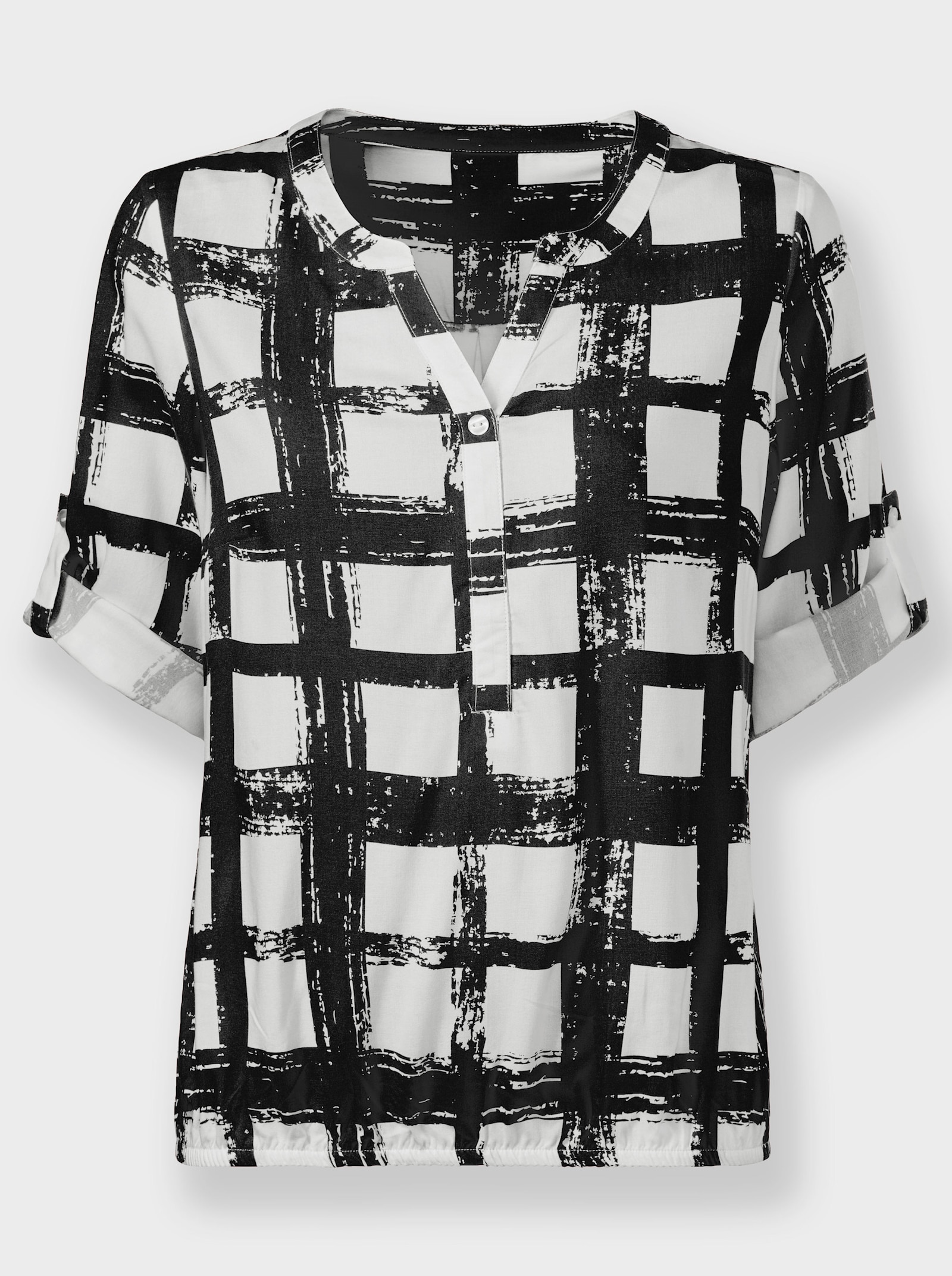 Comfortblouse met opstroopbare mouwen - zwart/wit geprint