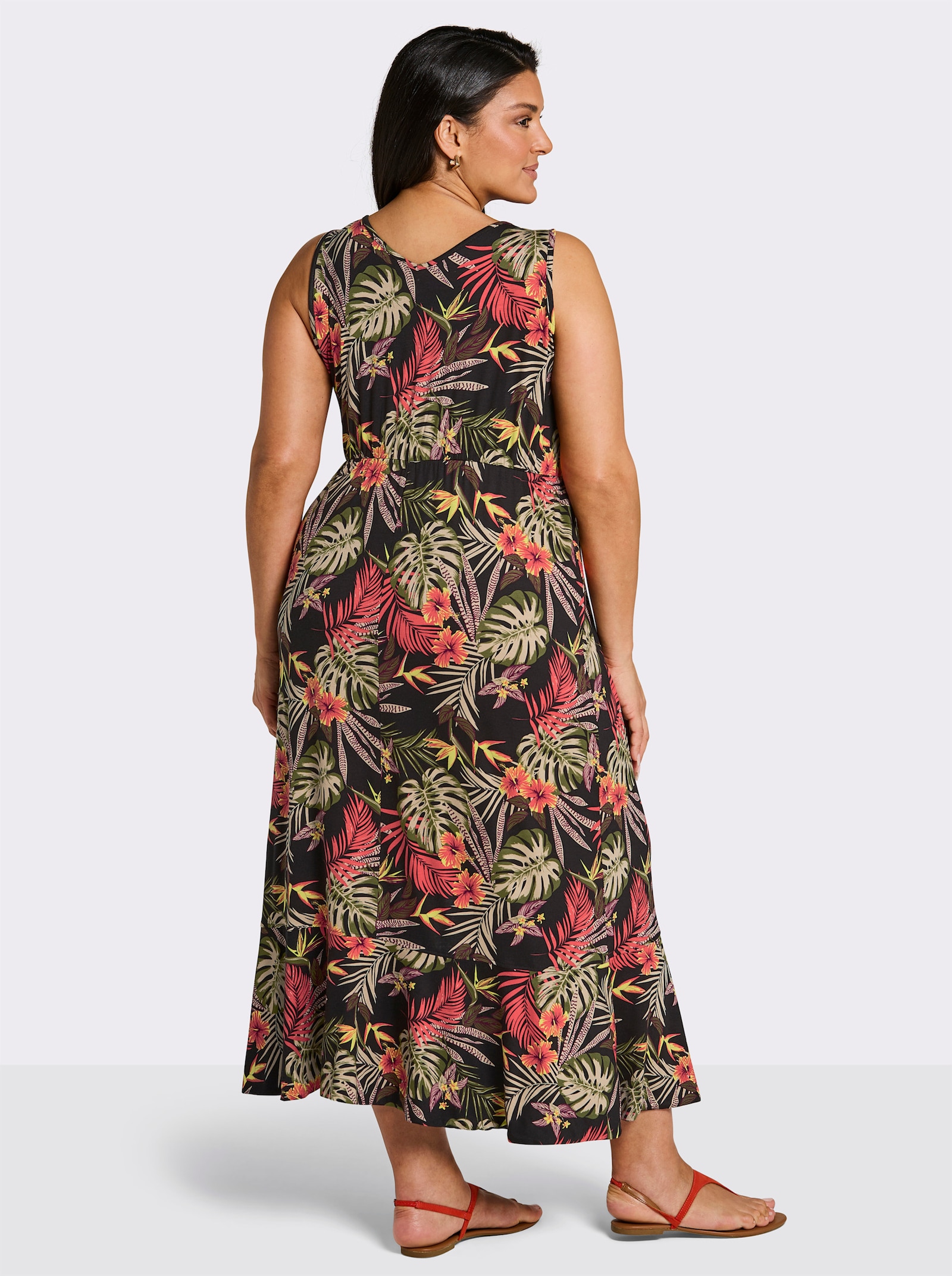 sheego Jerseykleid mit Volant am Saum - schwarz-burgund-bedruckt